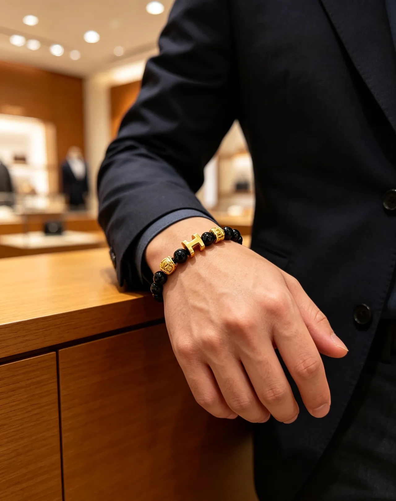 Hermès H Collection Black Onyx and Gold-Tone Beaded Bracelet