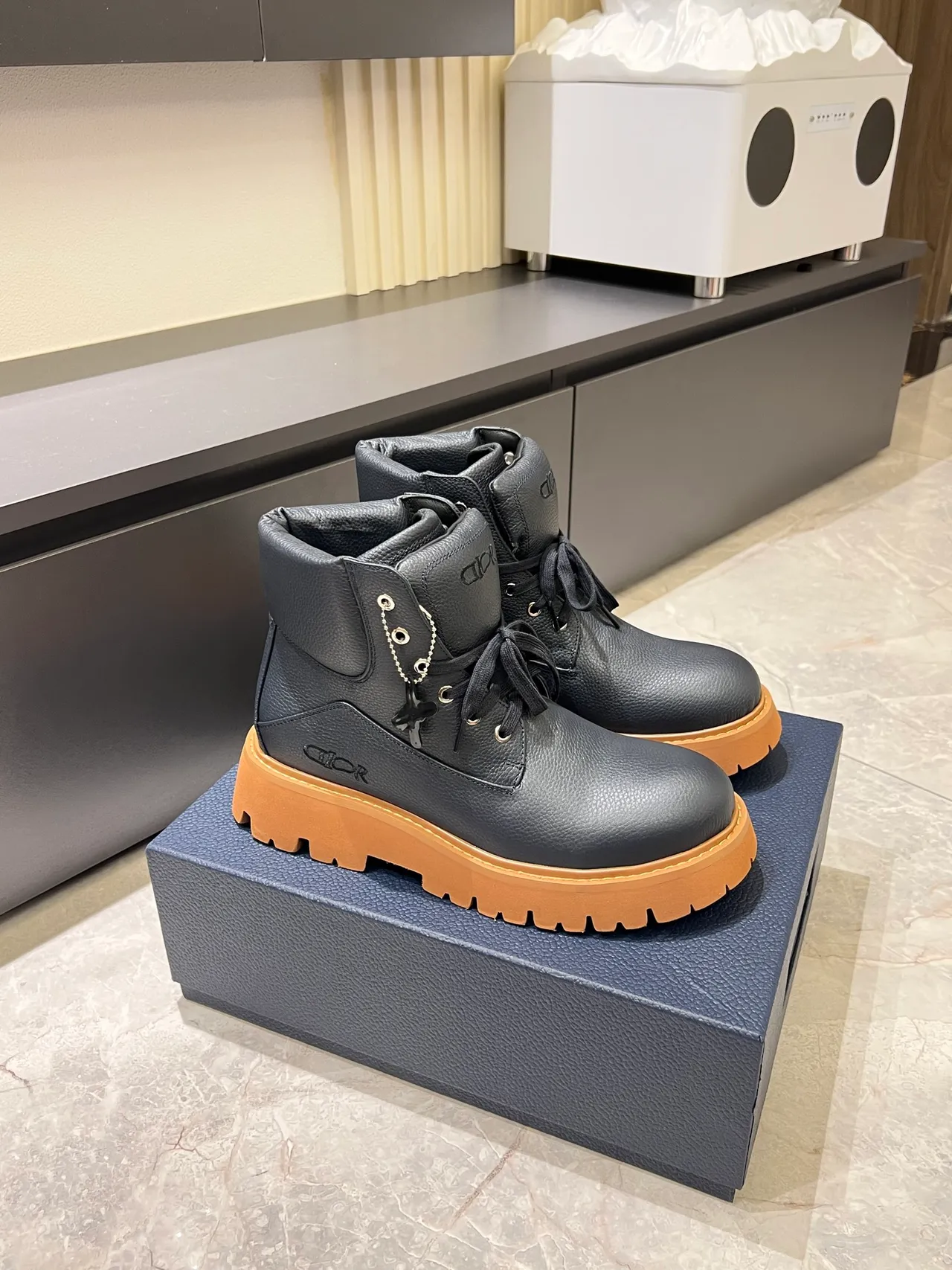 Dior Black Beige Pebbled Leather Tan Lug Sole Ankle Boots