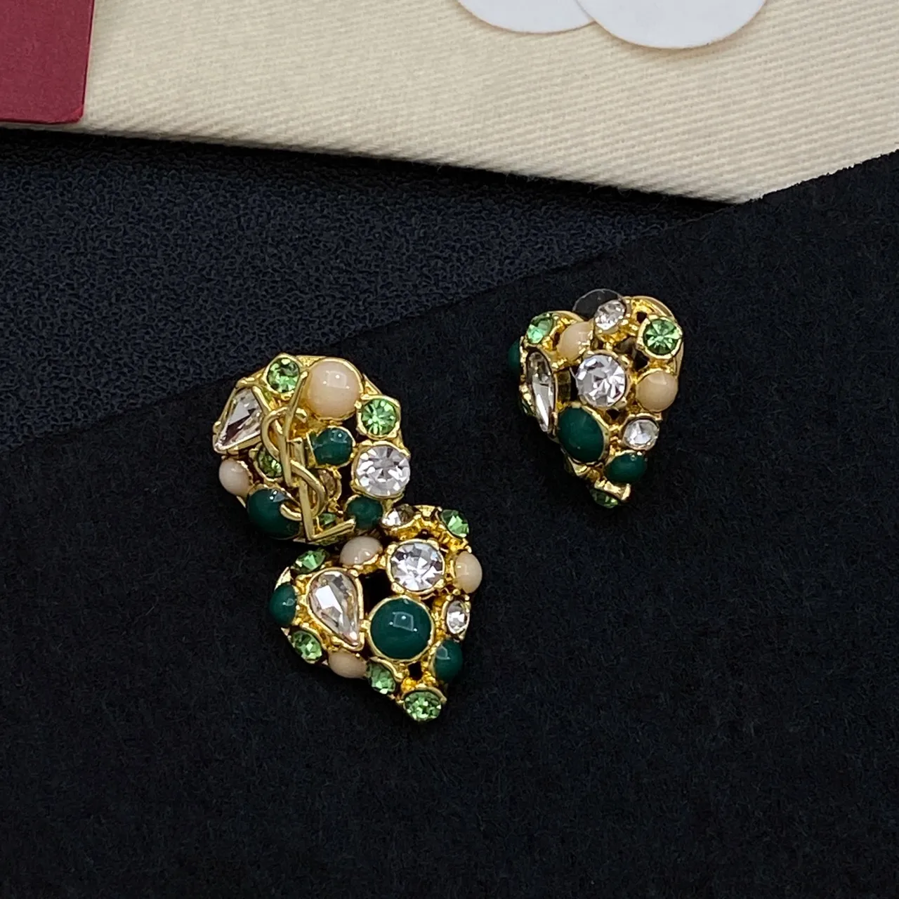Chanel Green Gold Heart-Shaped Cluster-Set Earrings