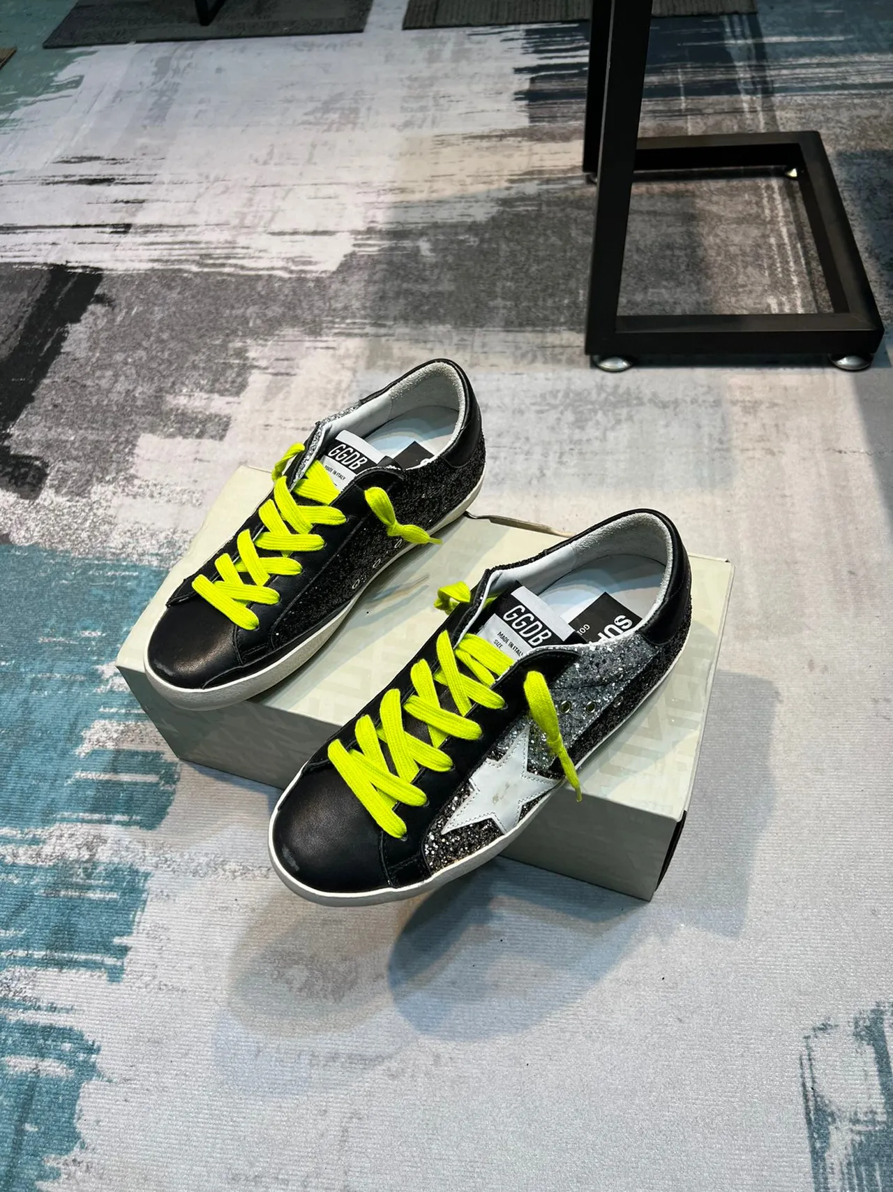 Golden Goose Superstar Black Silver Glitter Neon Yellow Lace-Up Lifestyle Sneakers