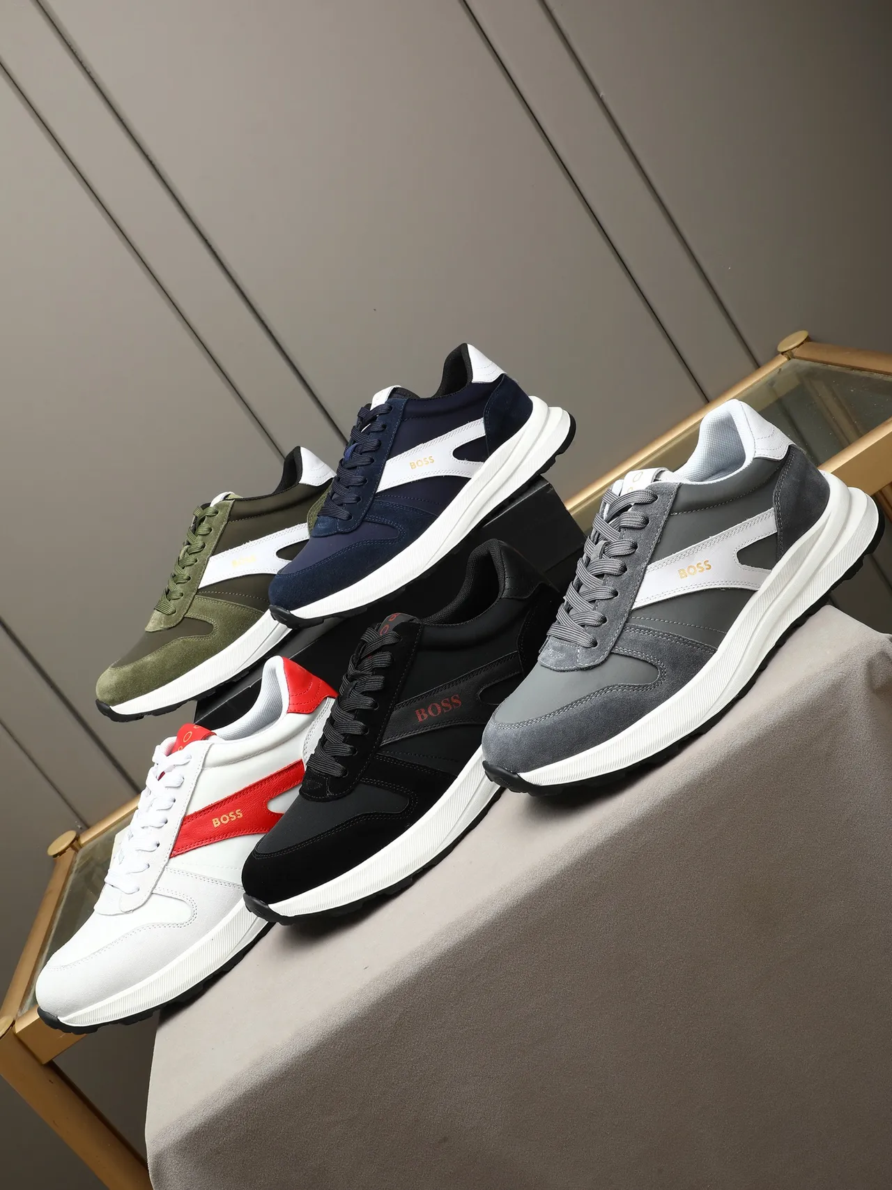 Hugo Boss Army Green White Olive Suede Side Stripe Sneakers