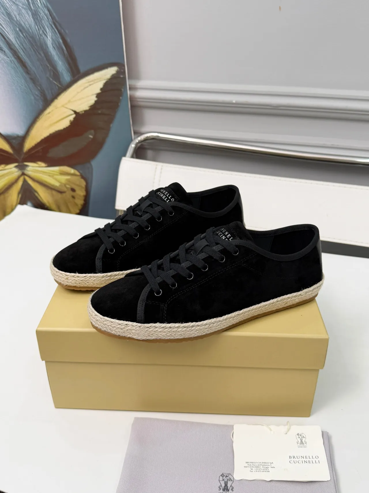 Brunello Cucinelli Black Beige Suede Upper Jute-Wrapped Espadrille Sole Boat Shoes