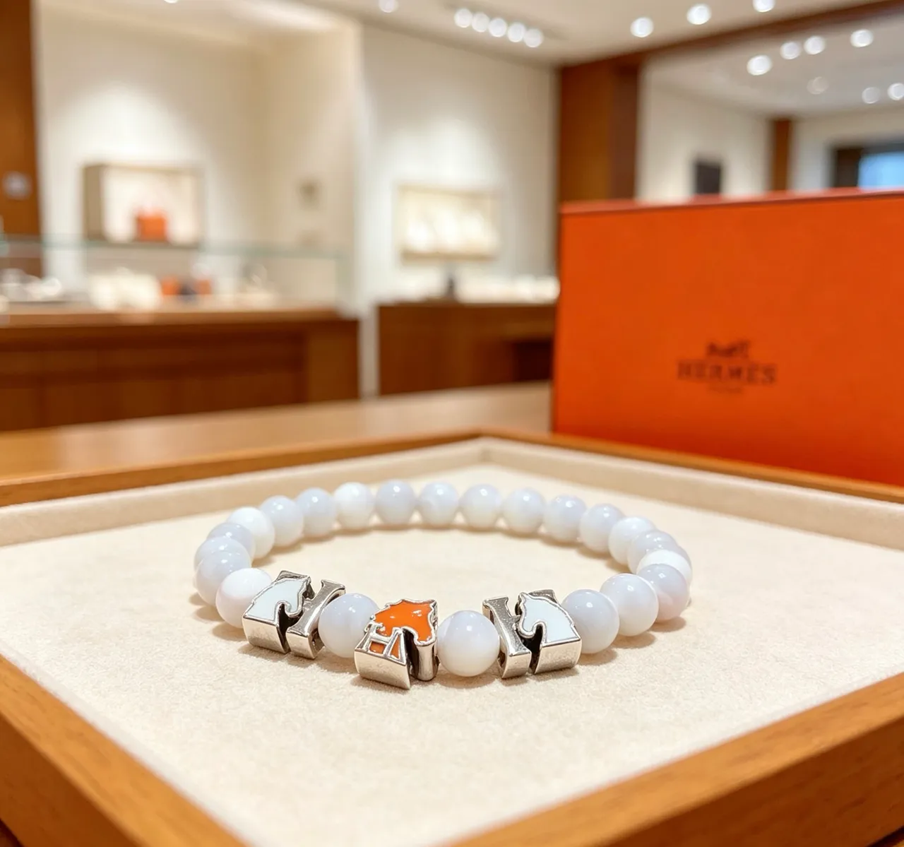 Hermès White Orange Beaded Enamel-Charm Bracelet