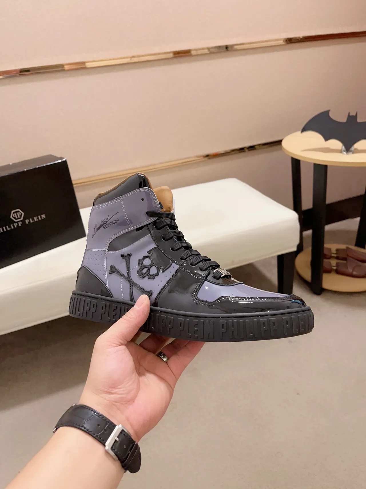 Philipp Plein Limited Edition High-Top Patent Leather and Translucent Panel Lifestyle Sneaker