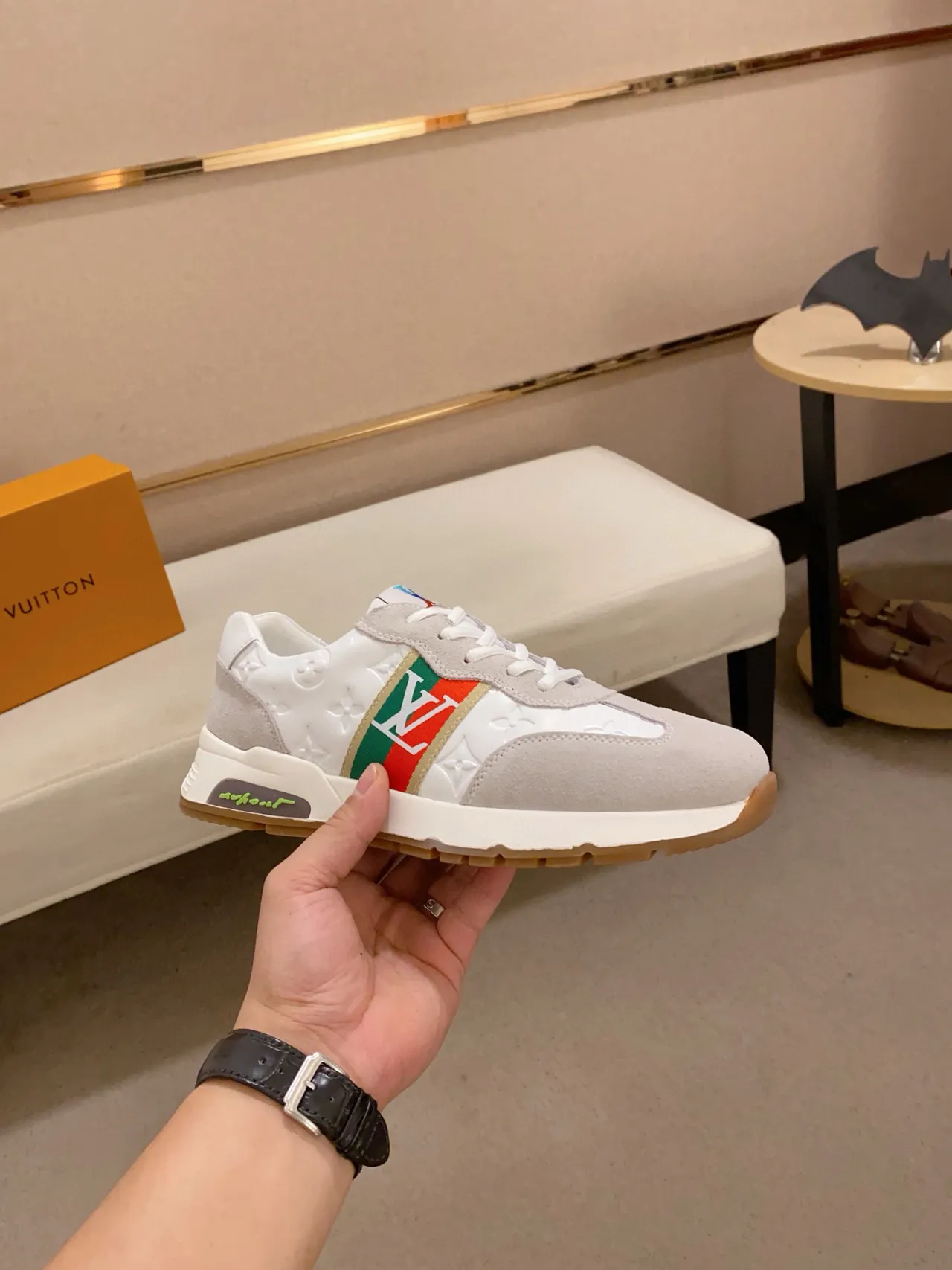 Louis Vuitton White Gray Embossed Monogram Leather Red-Green Stripe Lifestyle Sneakers