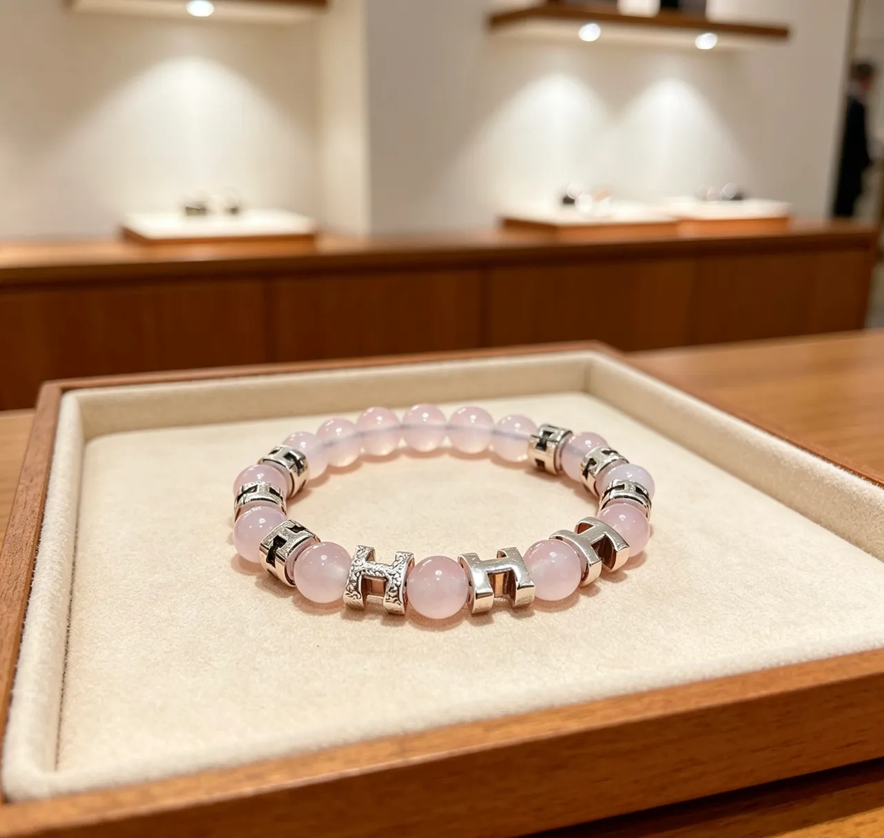 Hermès Beige Silver Beaded H-Motif Charms Bracelet