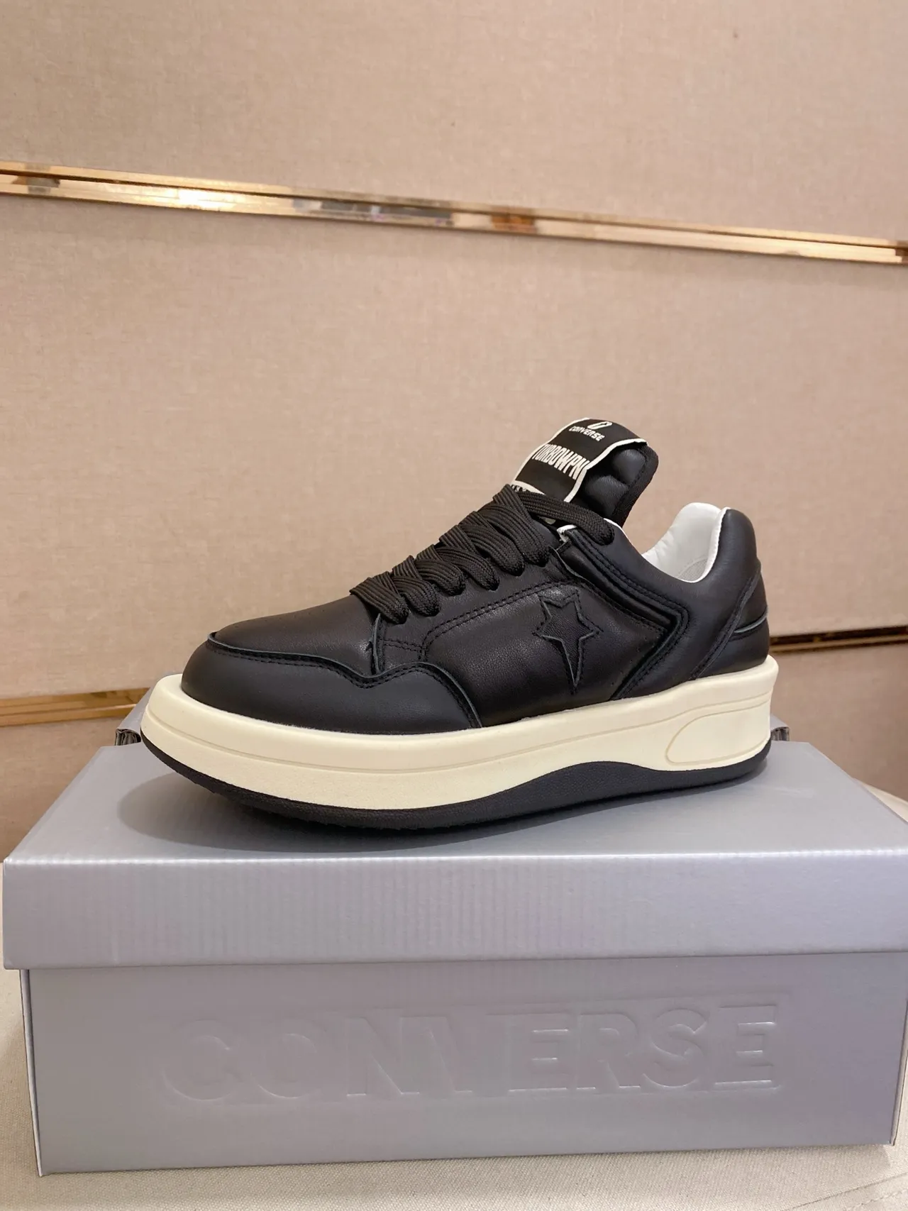 Converse Black Beige Leather Upper Off-White Platform Sole Lifestyle Sneakers