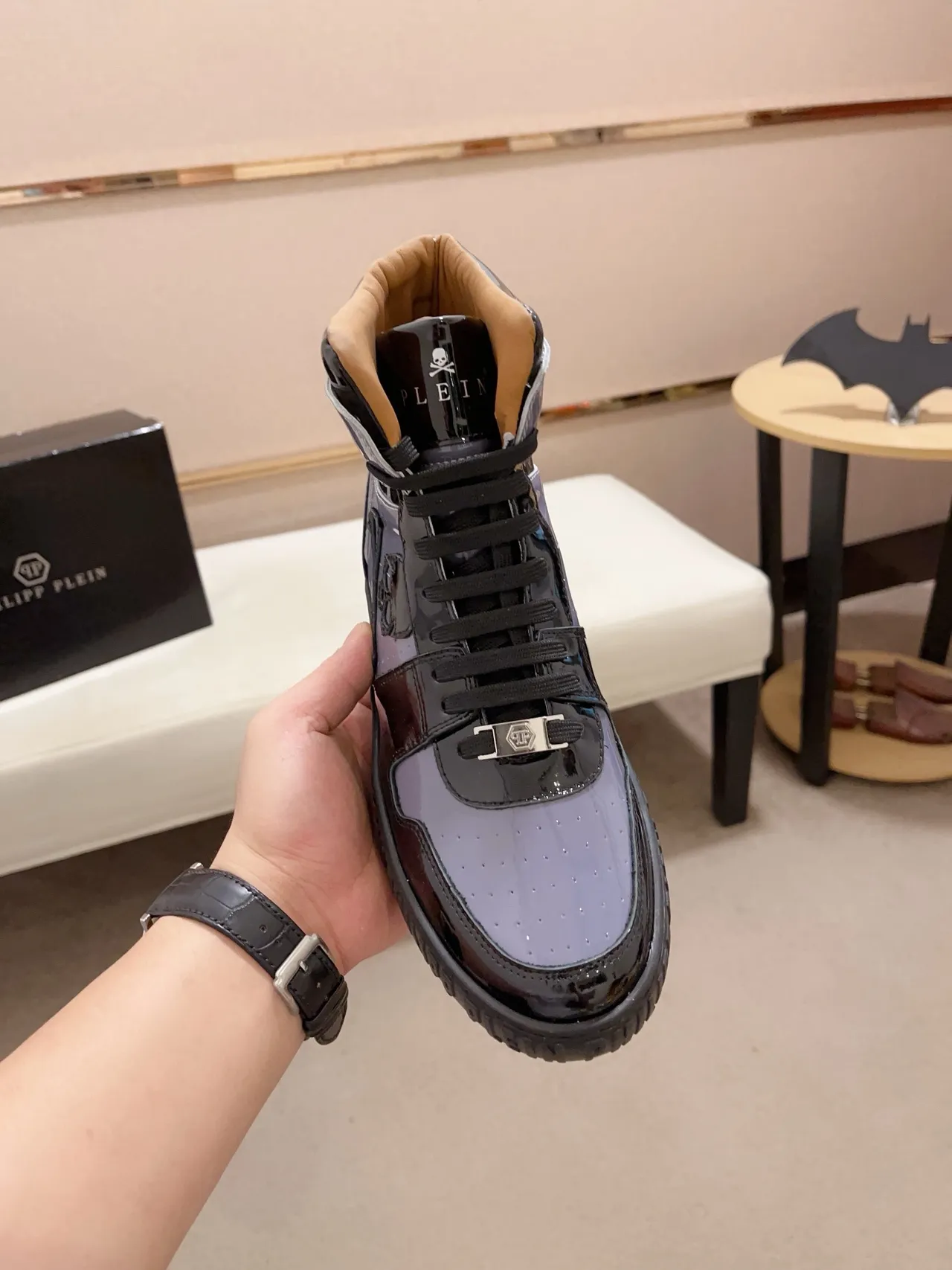 Philipp Plein Limited Edition High-Top Patent Leather and Translucent Panel Lifestyle Sneaker