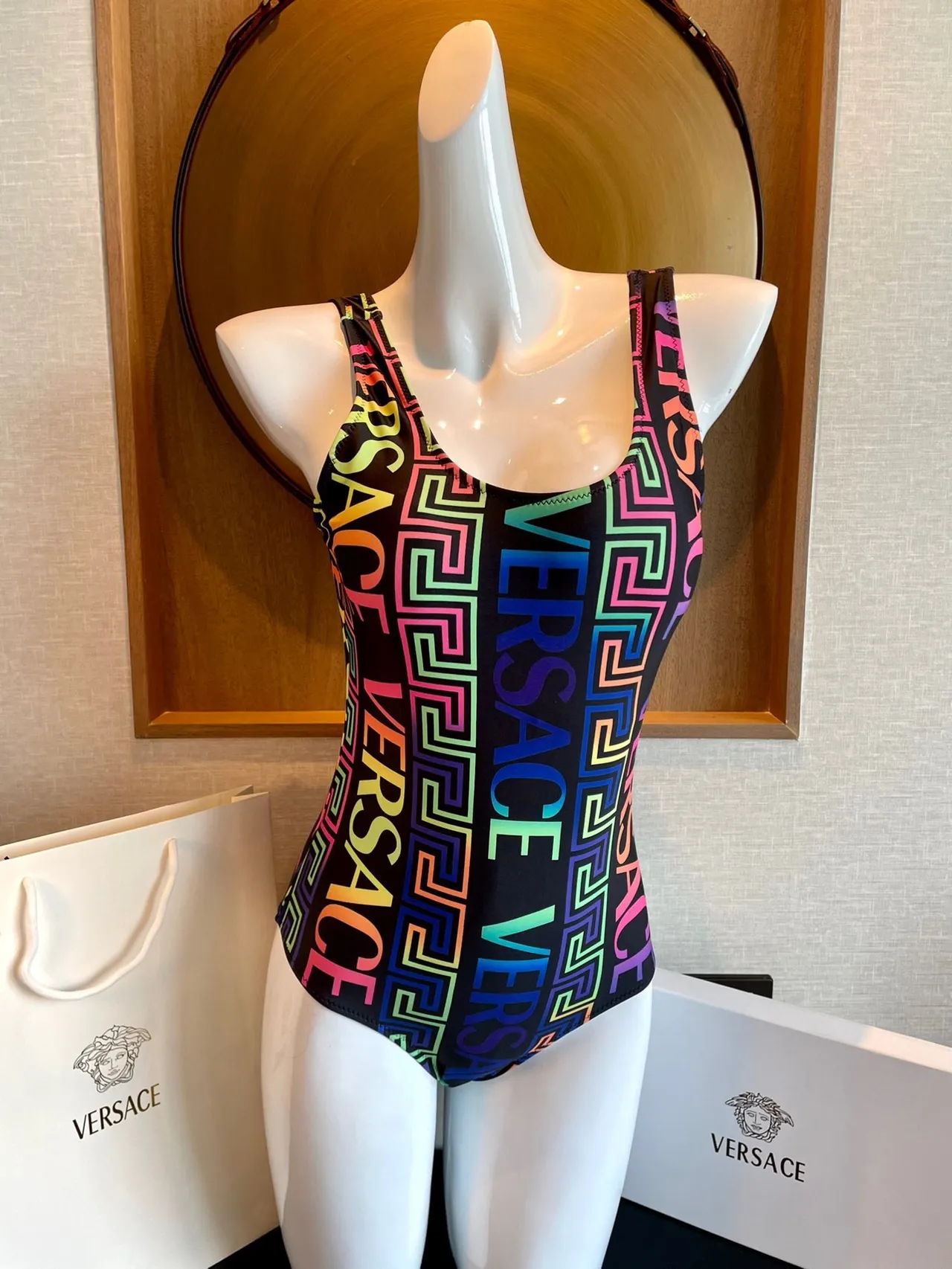 Versace Black Multicolor Square-Neck Thin-Strap Swimwear