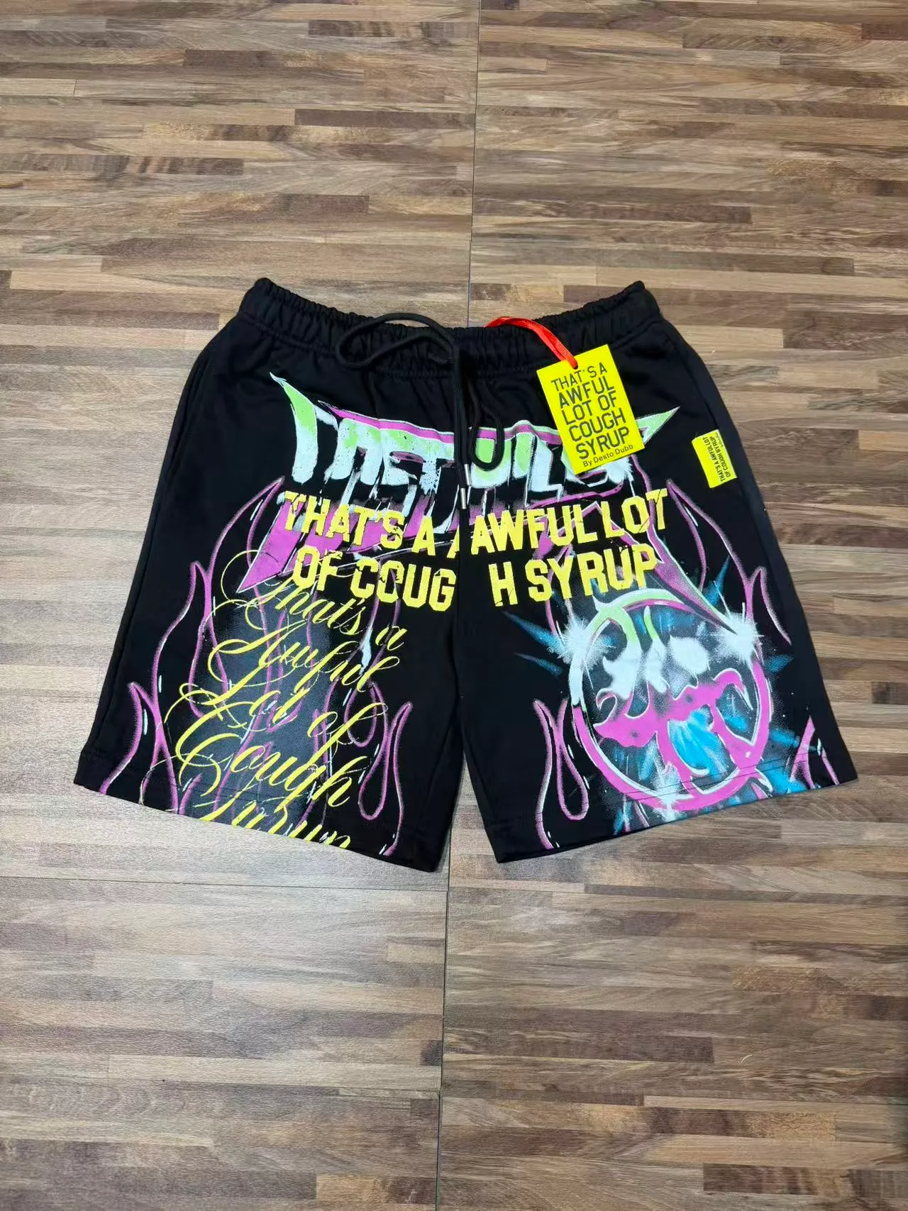 Black Graphic-Print Drawstring Waist Shorts