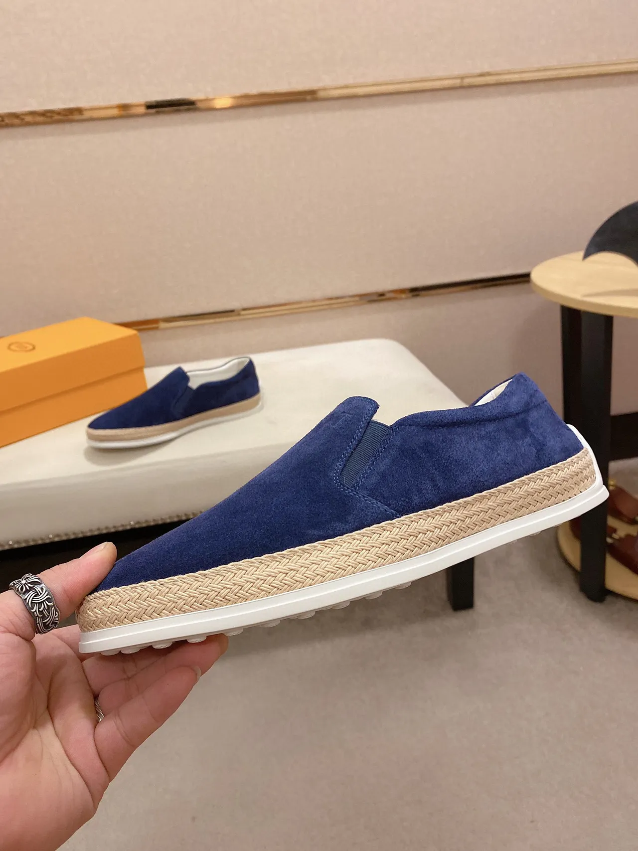 Blue Beige Suede Upper Espadrille Sole Boat Shoes