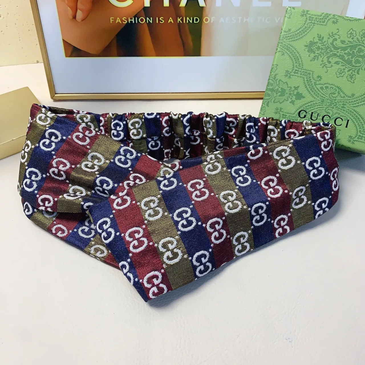 Gucci Multicolor Navy Interlocking GG Monogram Elastic Gathered Center Silk Scarf