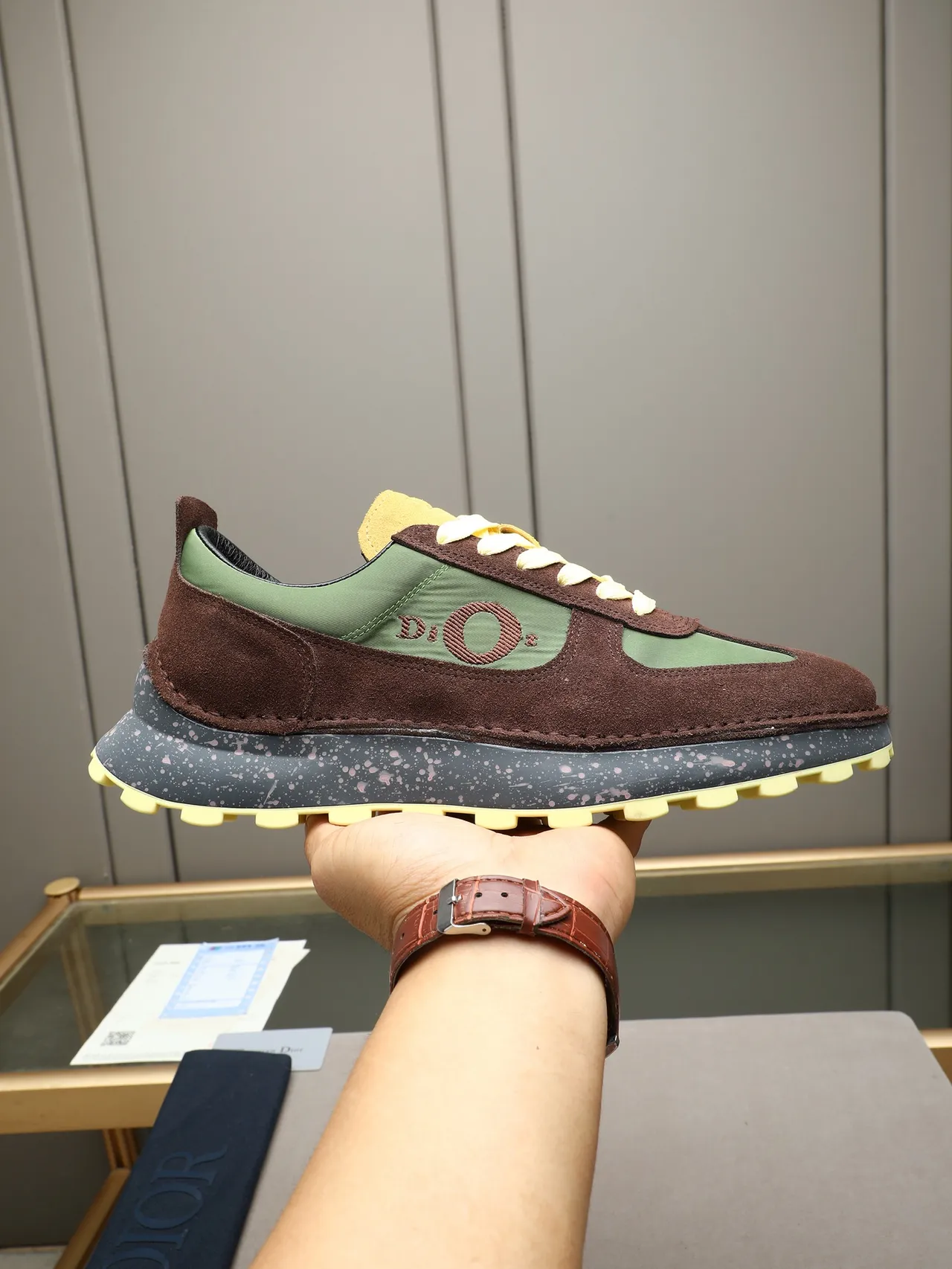 Dior Brown Green Multi-Material Upper Embroidered Logo Panel Lifestyle Sneakers