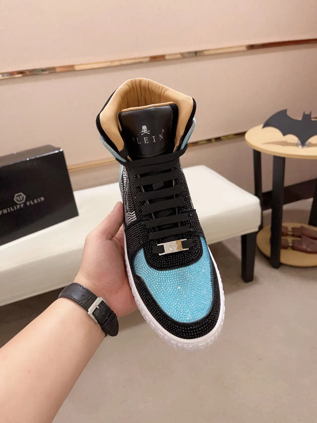 Philipp Plein Crystal-Embellished Black and Light Blue High-Top Sneaker