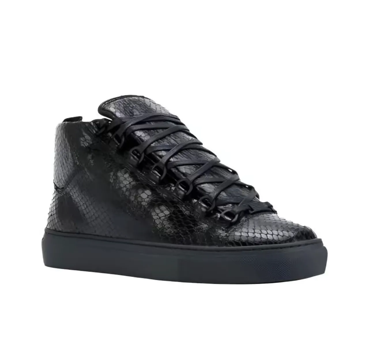 Black Snakeskin-Textured High-Top Lace-Up Sneaker