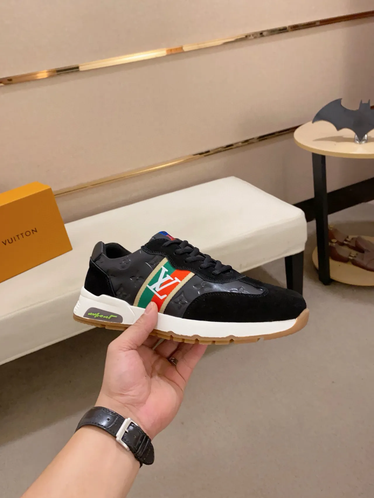 Louis Vuitton LV Trainer Black Multicolor Monogrammed Leather And Suede Green-Red-Green Stripe Lifestyle Sneakers