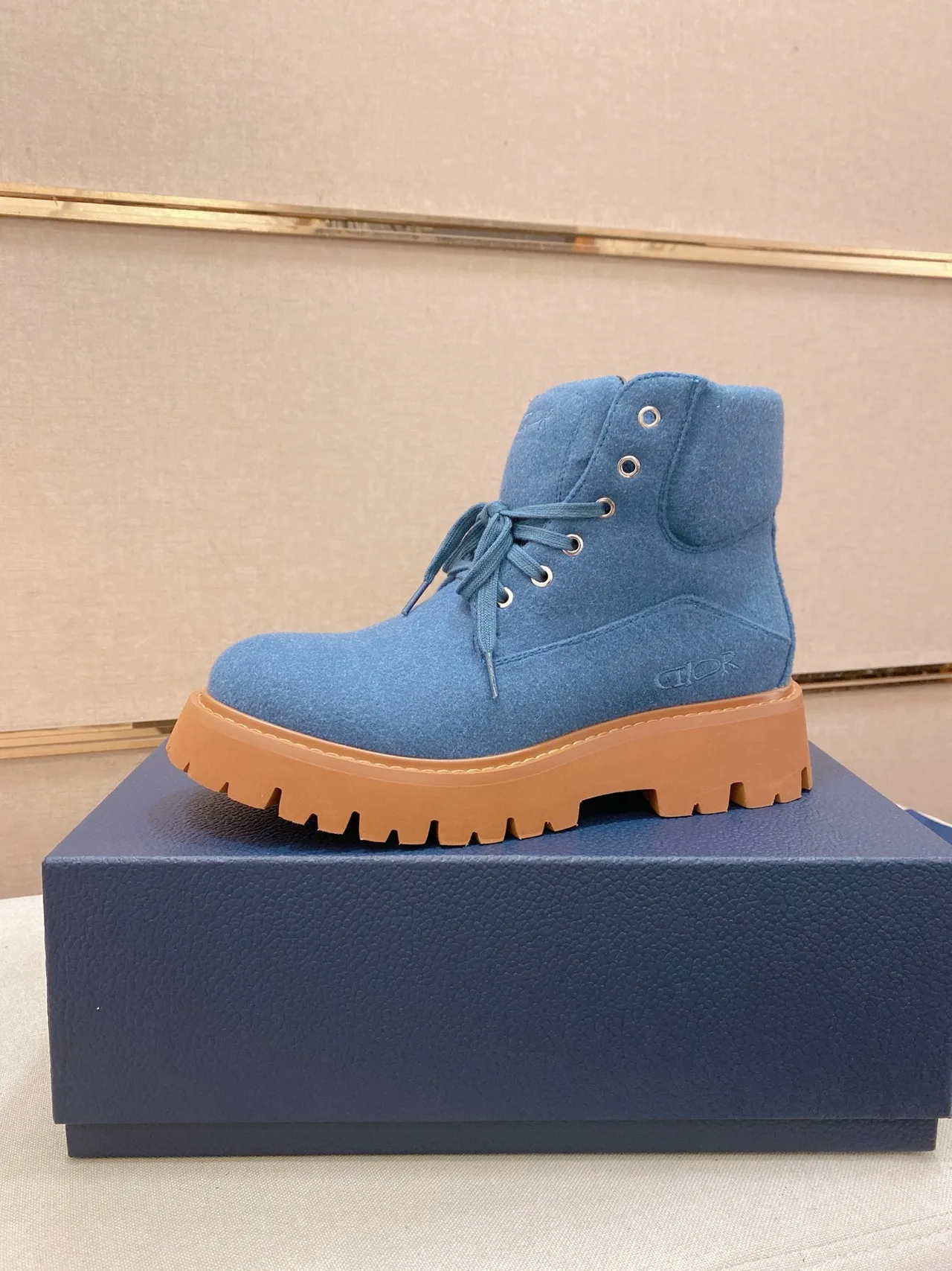 Dior Blue Brown Felt Upper Chunky Lug Sole Work Boots