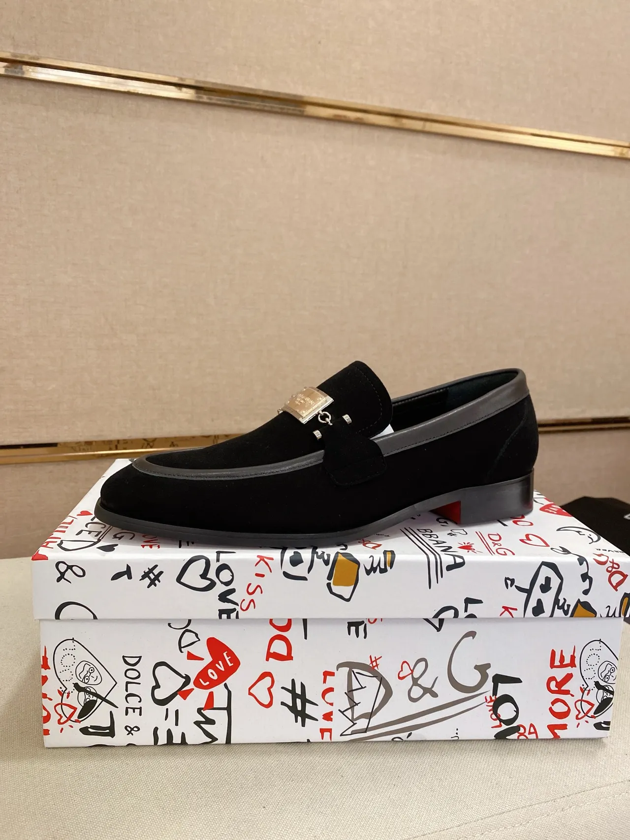Dolce & Gabbana Portofino Black Gray Suede Metal Plaque Detail Loafer