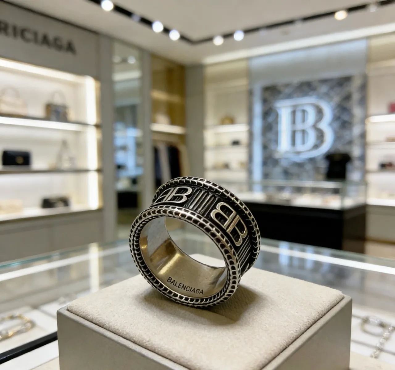 Balenciaga BB Ring Silver and Black Enamel Wide Band Ring