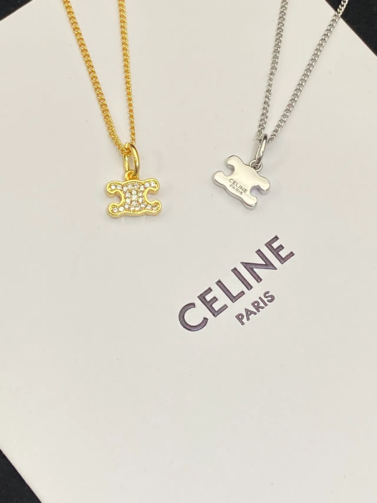 Celine Triomphe Gold Silver Logo Pendant Chain Necklace