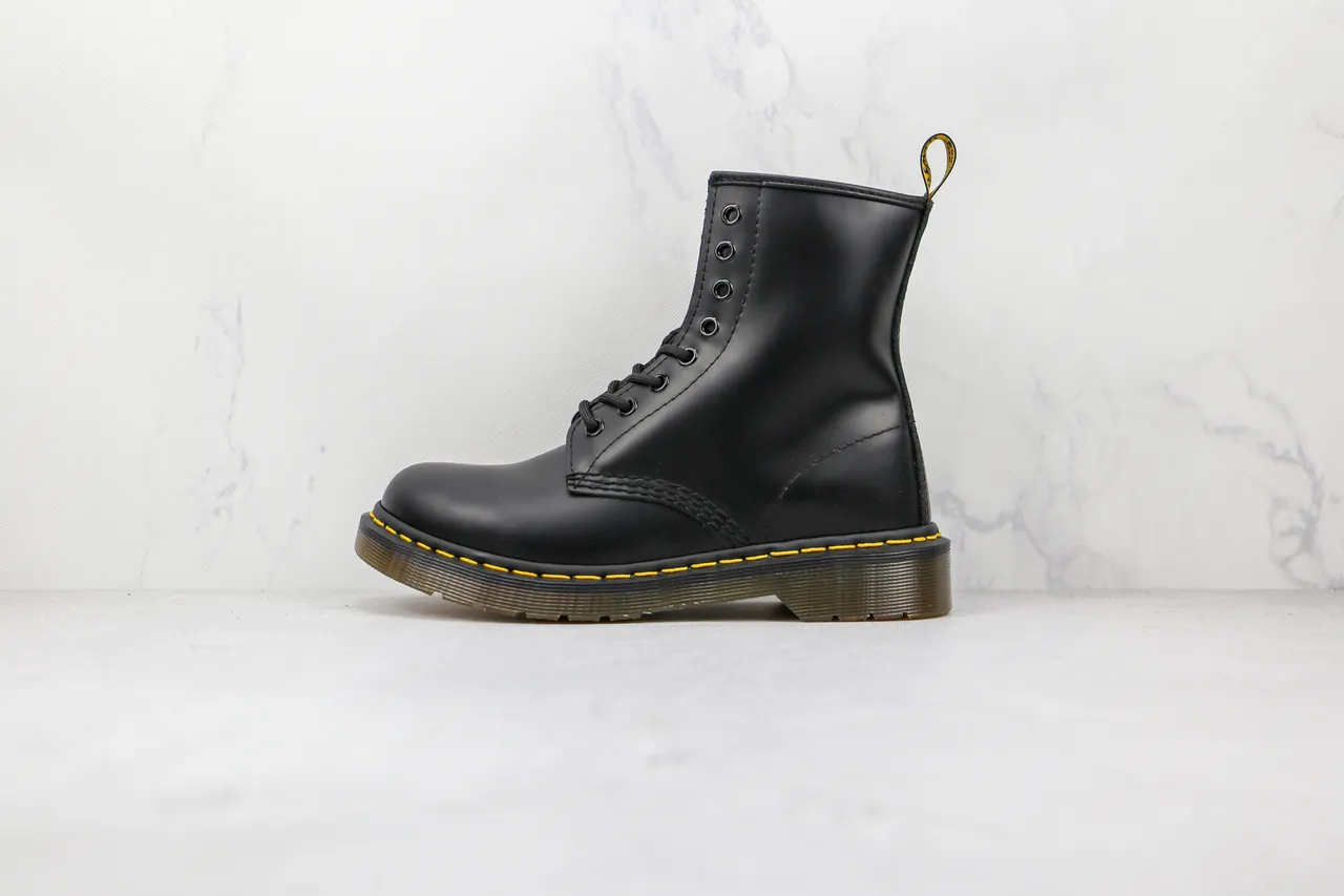 Dr. Martens 1460 Black Smooth Leather Yellow Stitch Martin Boots