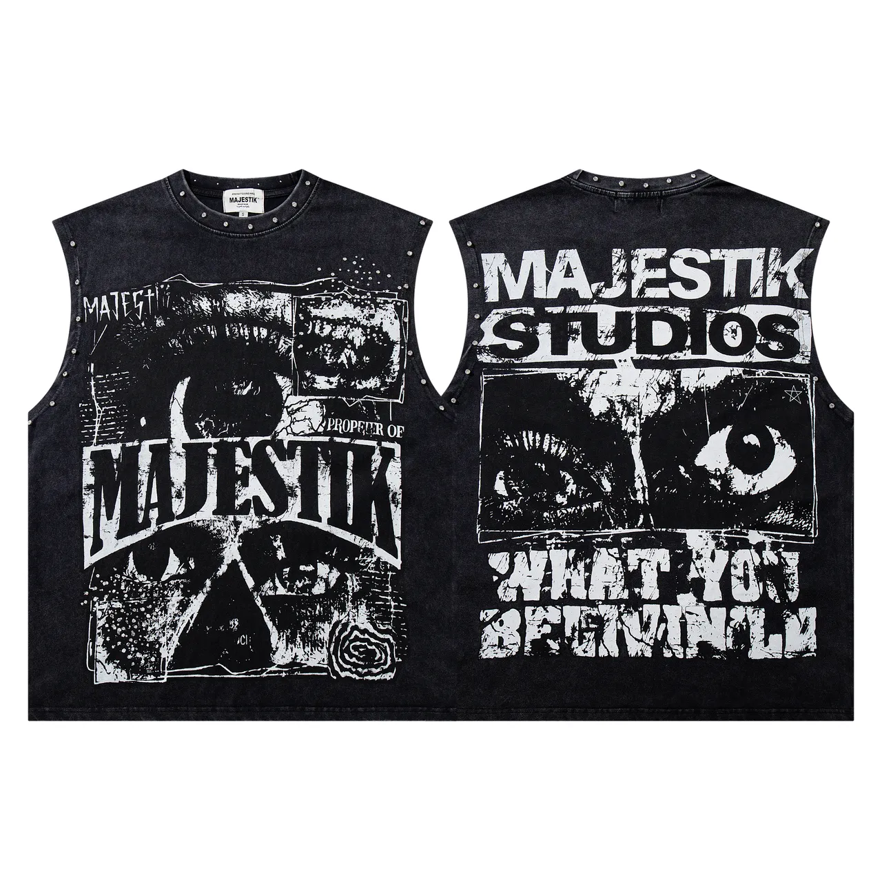 MAJESTIK Studded Screen-Printed Distressed Denim Vest Top