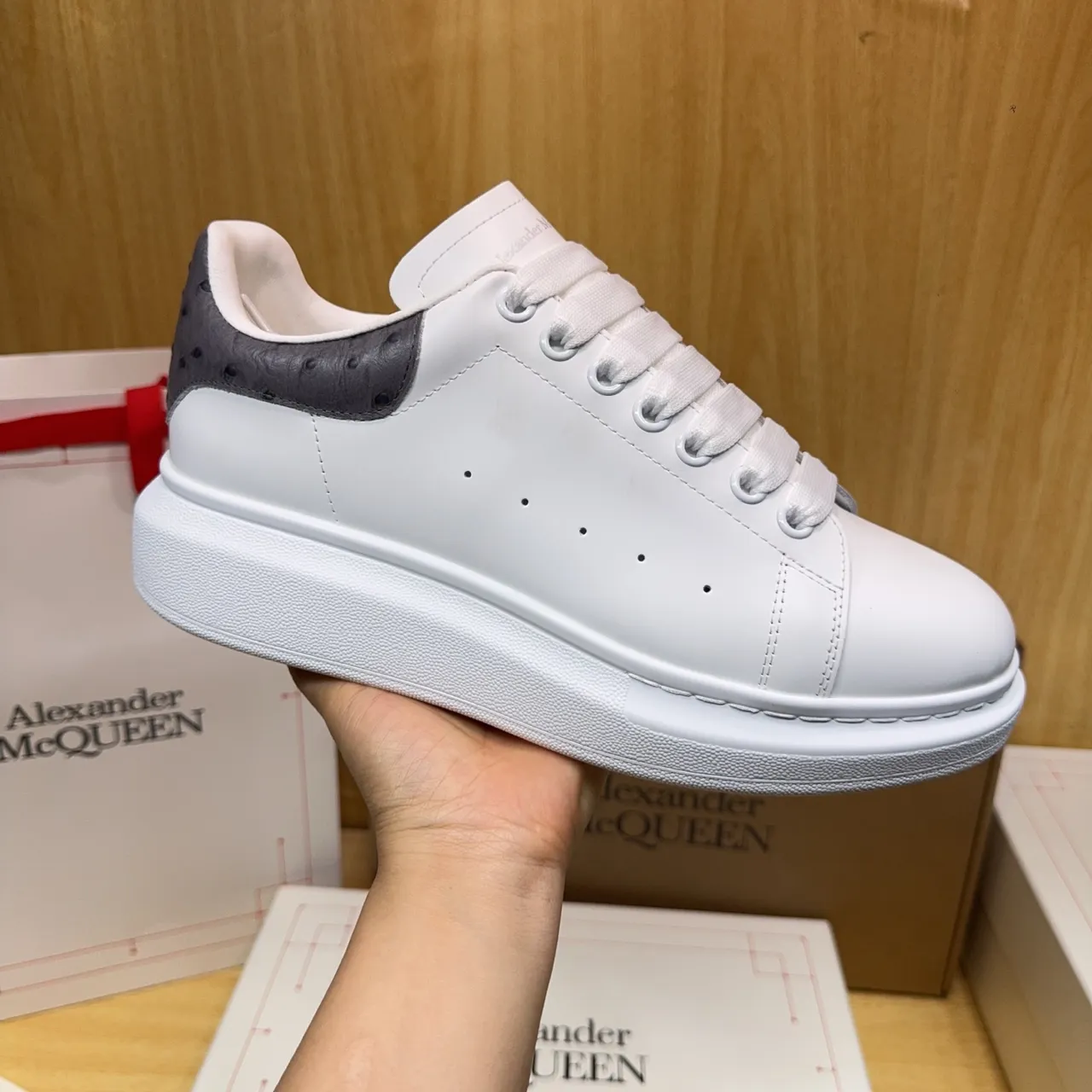 Alexander McQueen Oversized Sneaker White Gray Platform Sole Ostrich-Textured Heel Lifestyle Sneakers