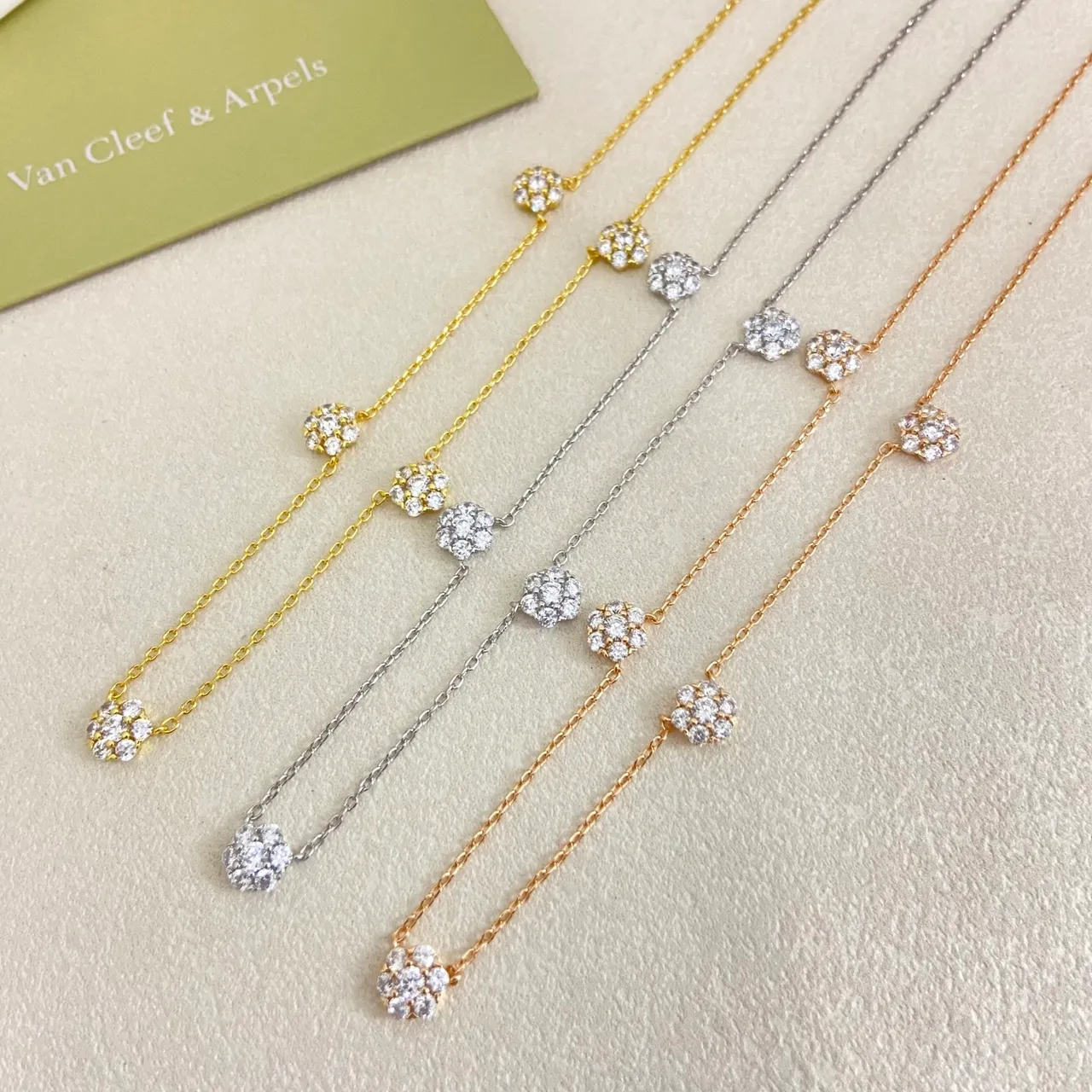 Van Cleef & Arpels Gold Silver Floral Cluster Pendant Multi-Stone Pavé Setting Necklace