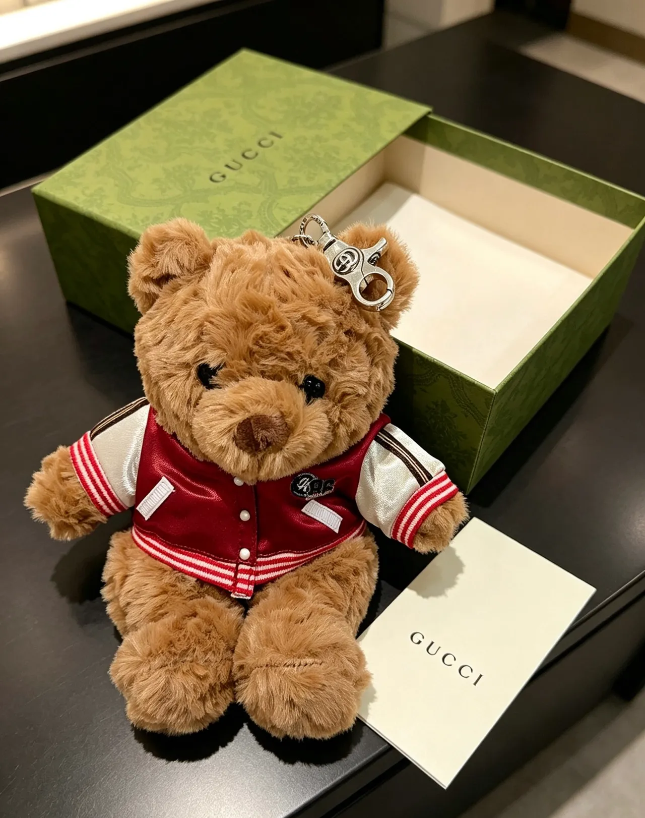 Gucci Brown Red Plush Teddy Bear Varsity Jacket Handbag
