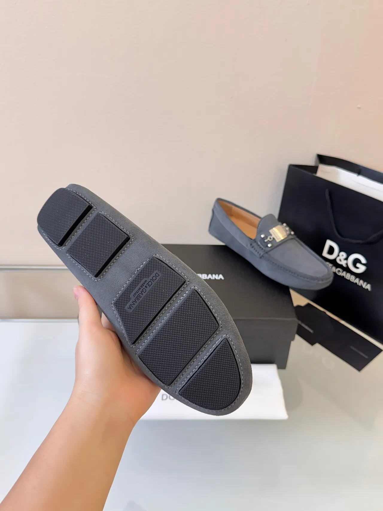 Dolce & Gabbana Portofino Gray Black Suede Upper Metal Plaque Buckle Loafer