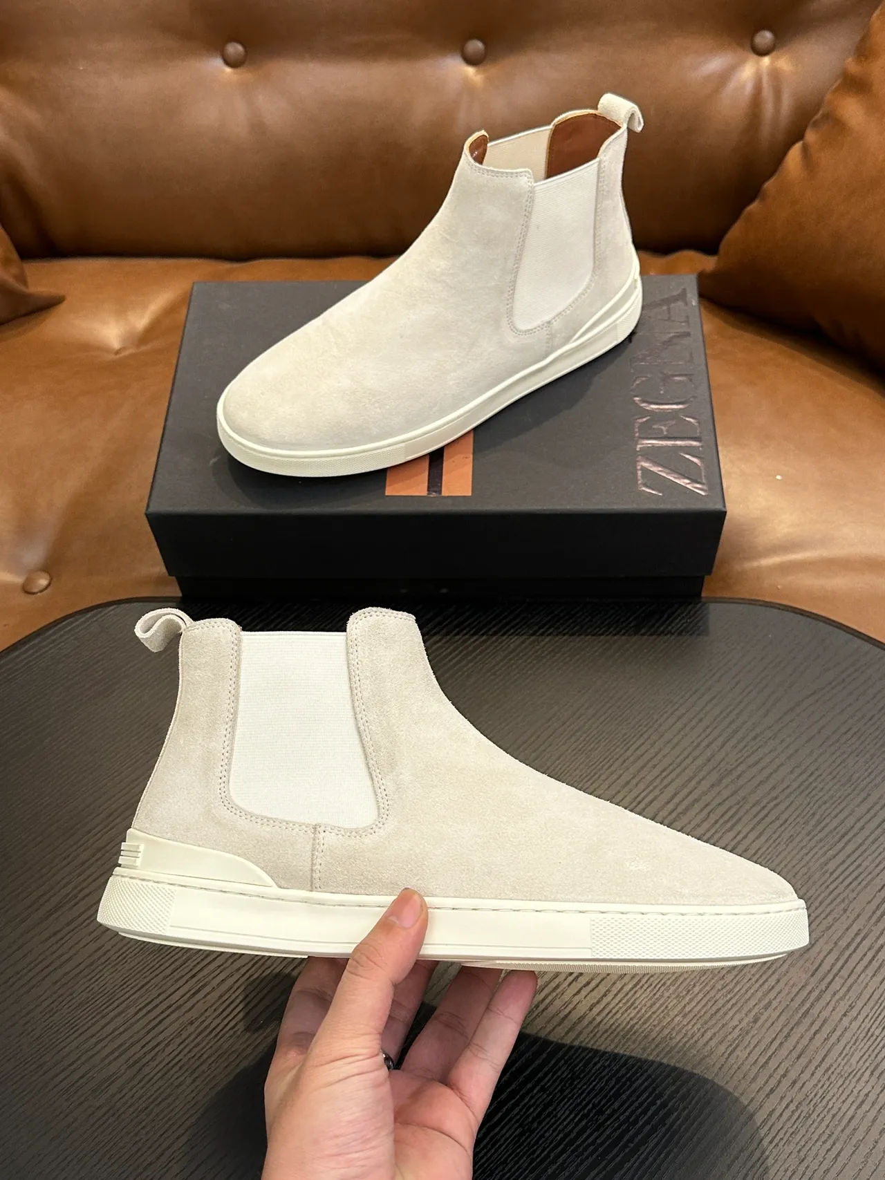 Zegna Beige White Suede Upper Elastic Side Panels Chelsea Boots
