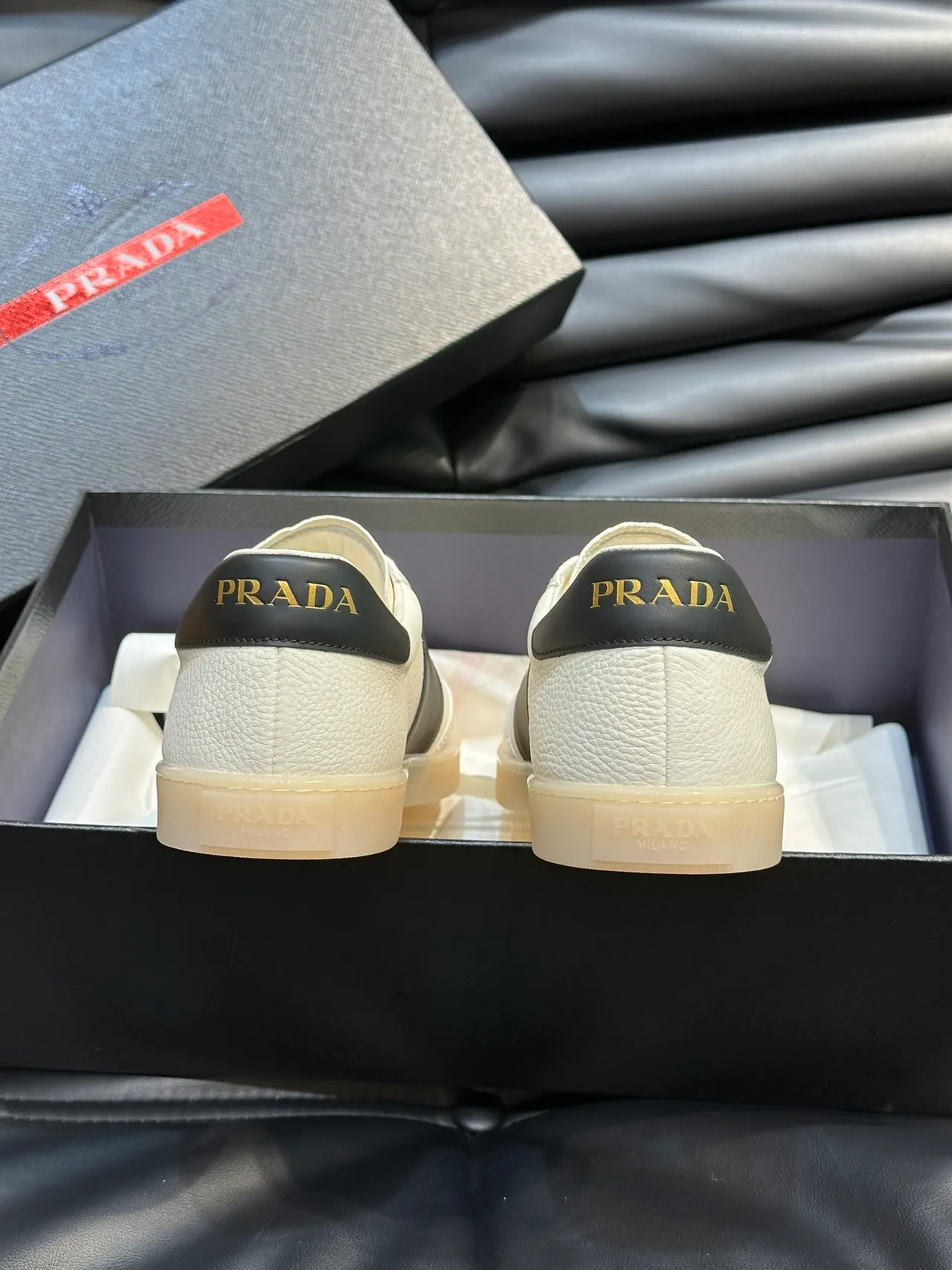 Prada Re-Edition Beige Black Textured Leather Upper Side Stripe Lifestyle Sneakers
