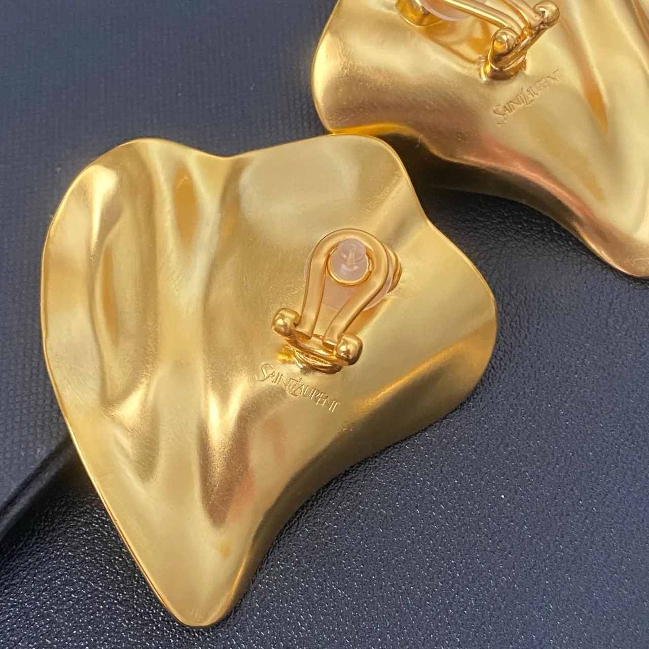 Saint Laurent Gold Green Sculptural Petal-Shaped Metal Frames Teardrop Cabochon Resin Stones Earrings