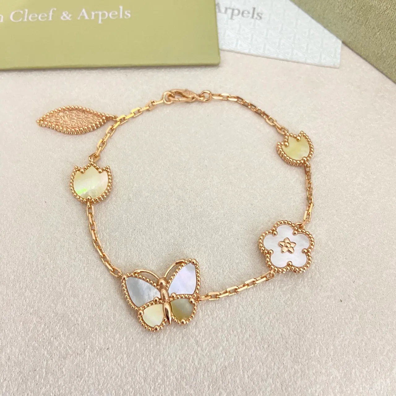 Van Cleef & Arpels Alhambra and Papillon Gold Silver Chain-Link Mother-of-Pearl Inlay Bracelet