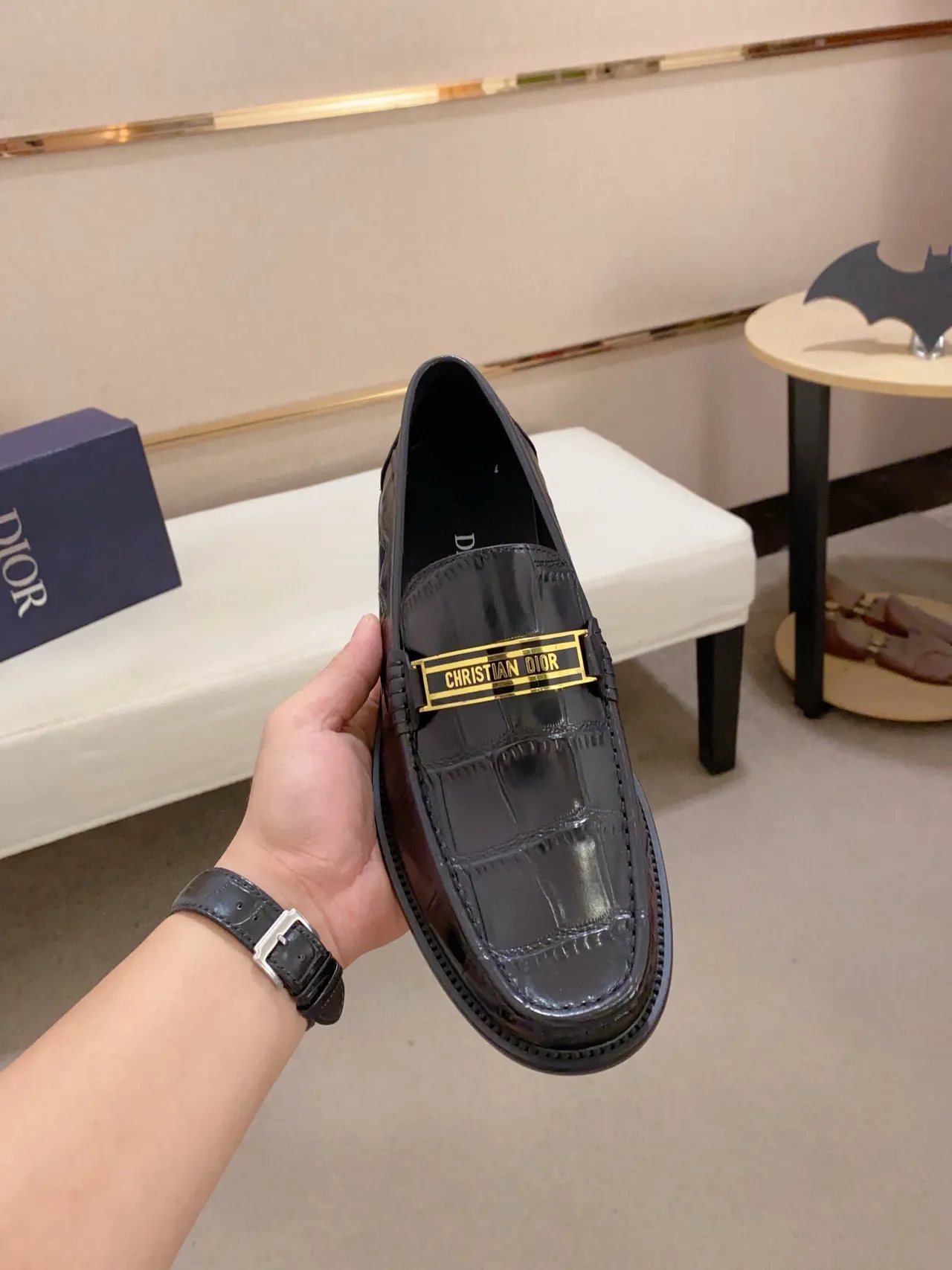 Dior Black Gold Croc-Embossed Leather Logo Plaque Loafer