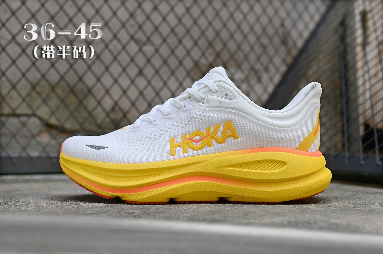 Hoka White Yellow Engineered Knit Upper Thick Cushioned Midsole Running Shoes