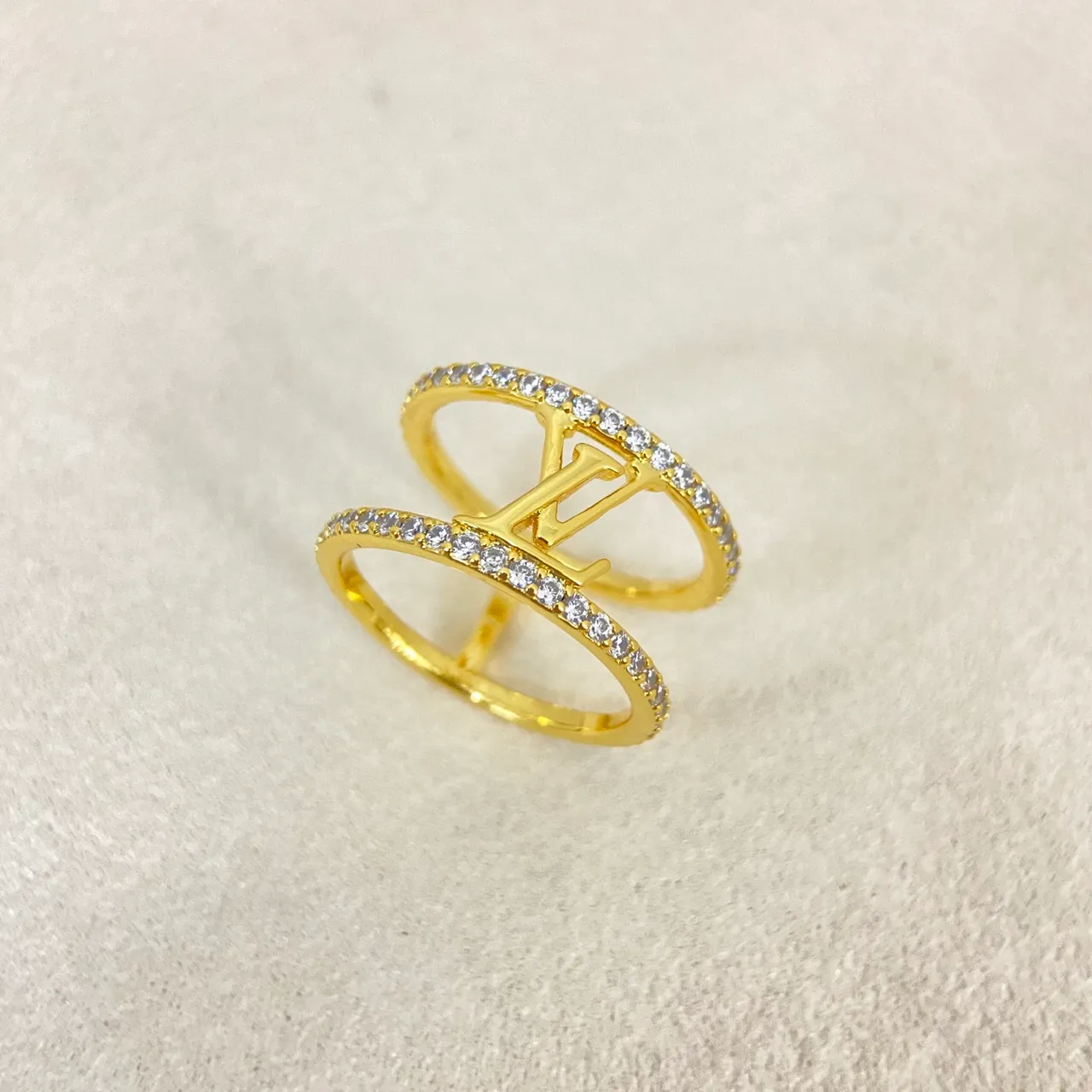 Louis Vuitton Gold Silver Double-Band Pavé Crystal Ring