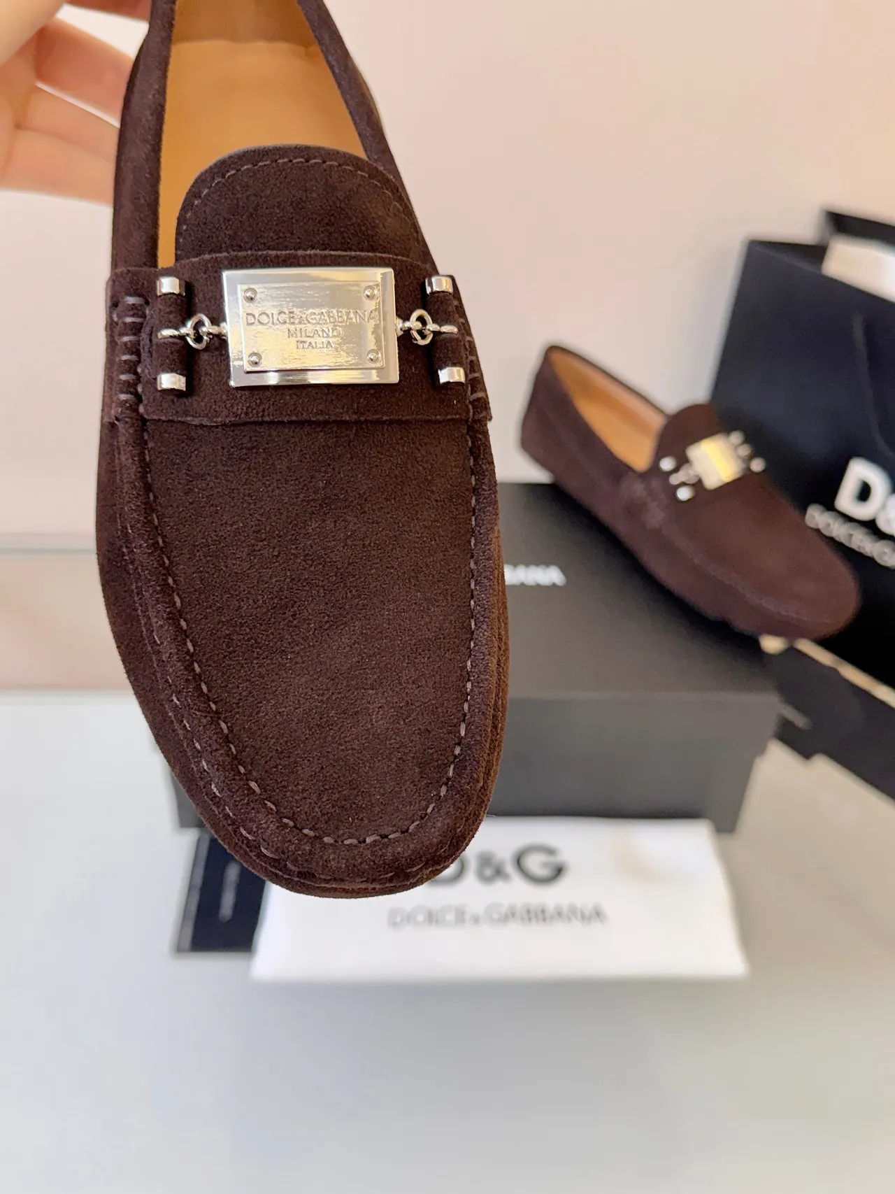 Dolce & Gabbana Portofino Brown Gold Suede Upper Metal Horsebit Buckle Loafer