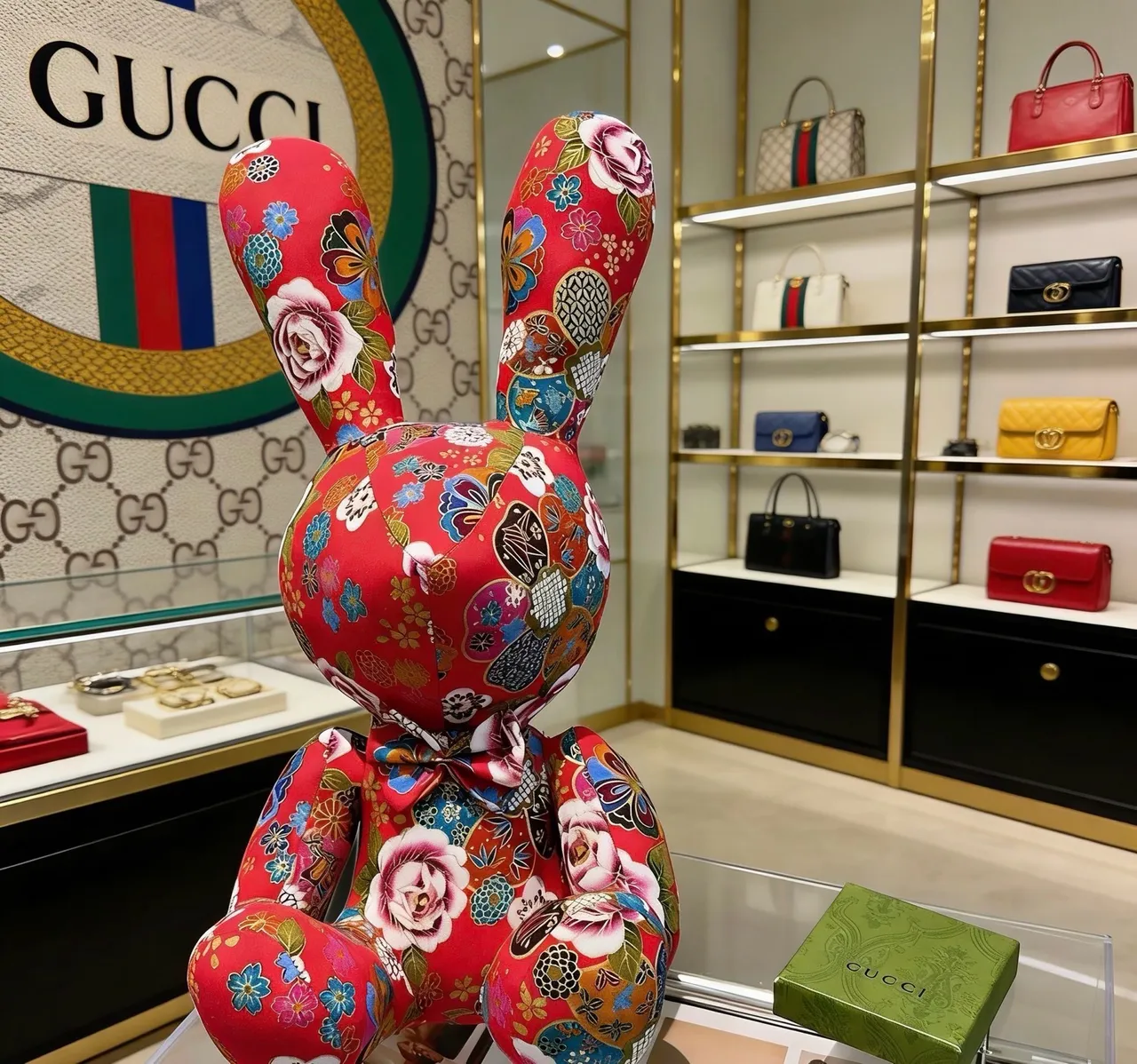 Gucci Red Multicolor Plush Stuffed Rabbit Floral Patchwork Print Handbag