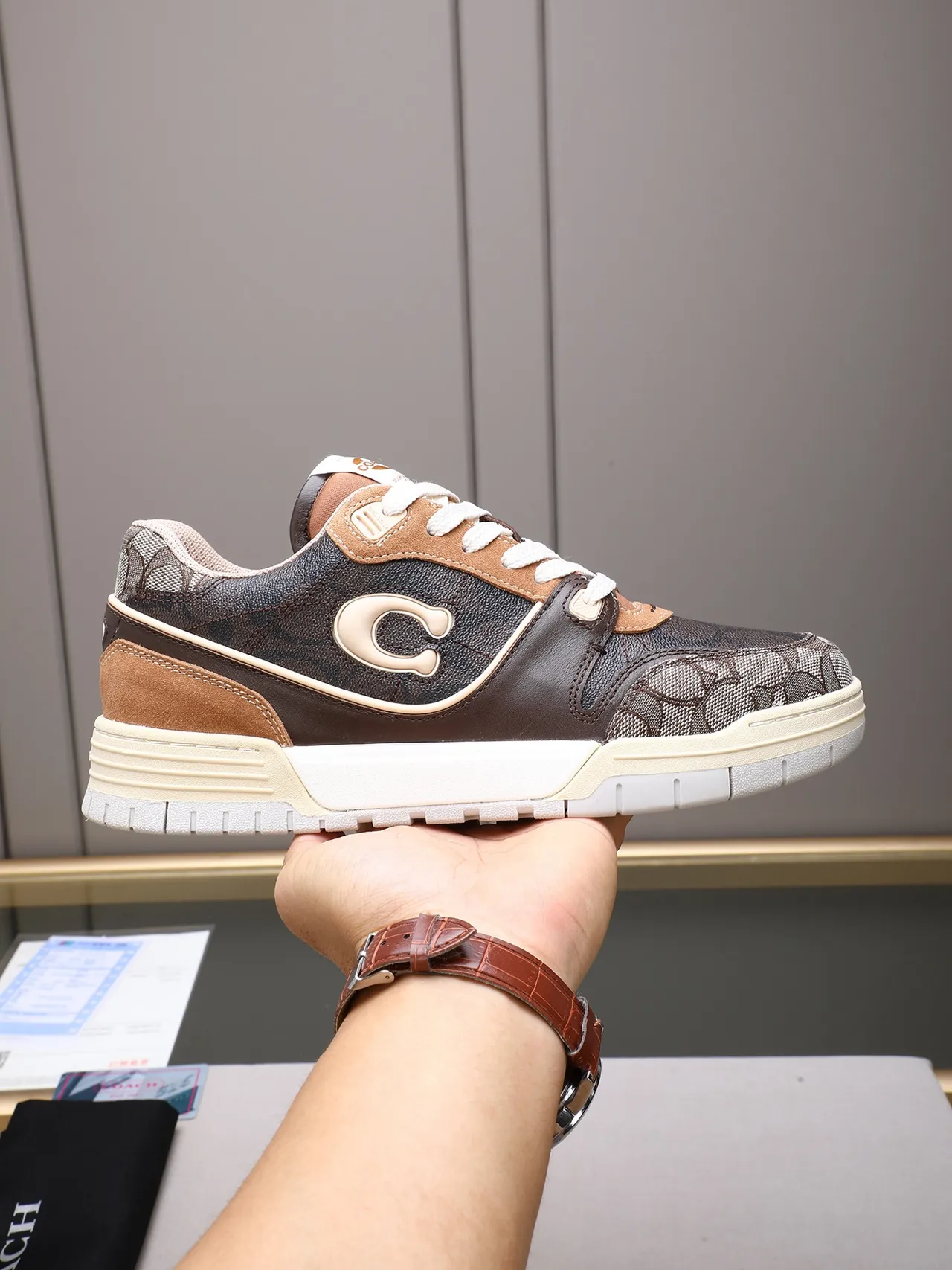 Coach Brown Beige Mixed-Material Upper Embossed C Logo Sneakers