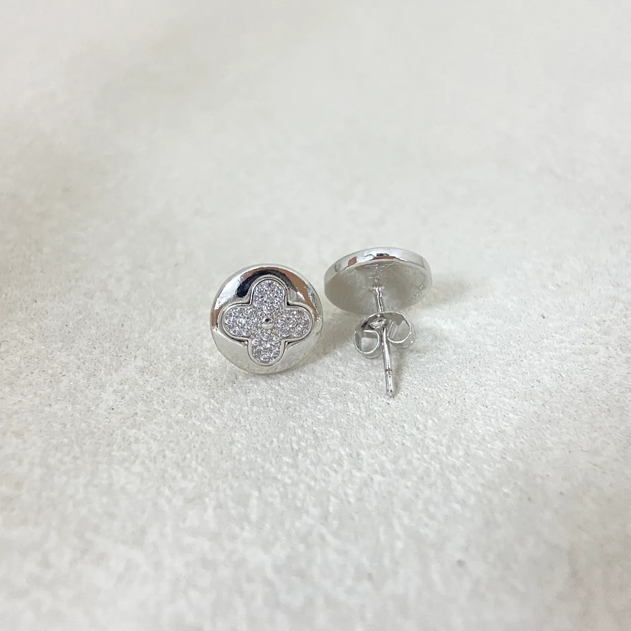 Gold Silver Circular Stud Four-Petal Flower Motif Earrings