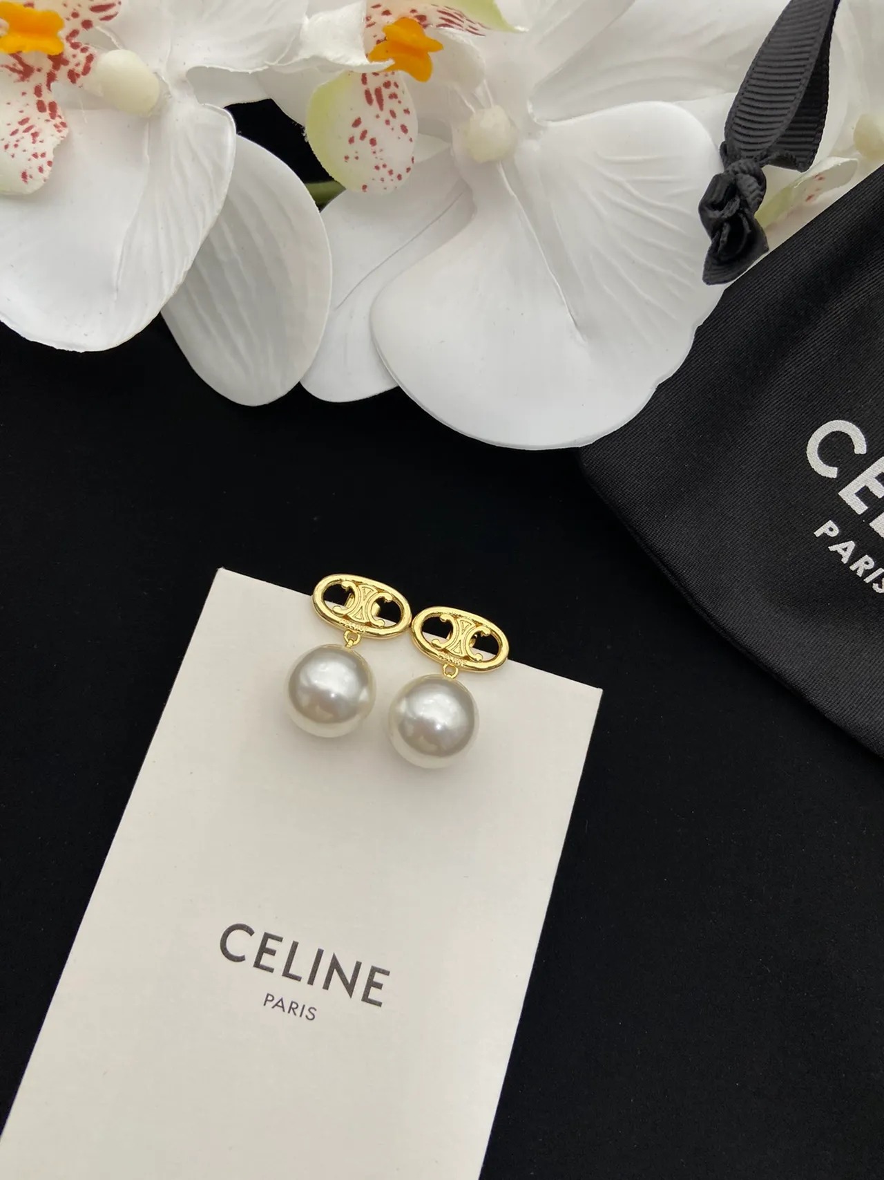 Celine Triomphe Gold White Chain Oval Logo Pendant Necklace