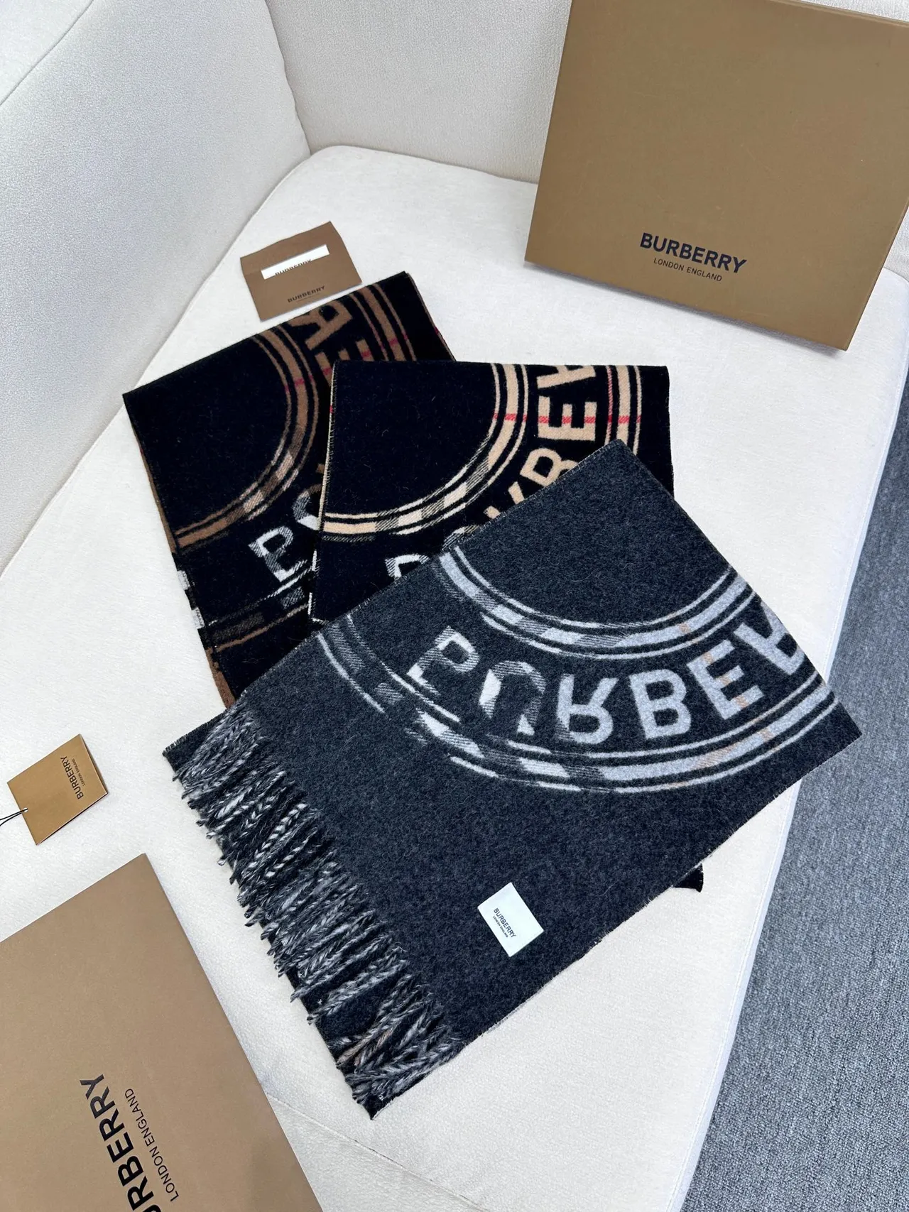 Burberry Black and Cream Fringed Cashmere Scarf