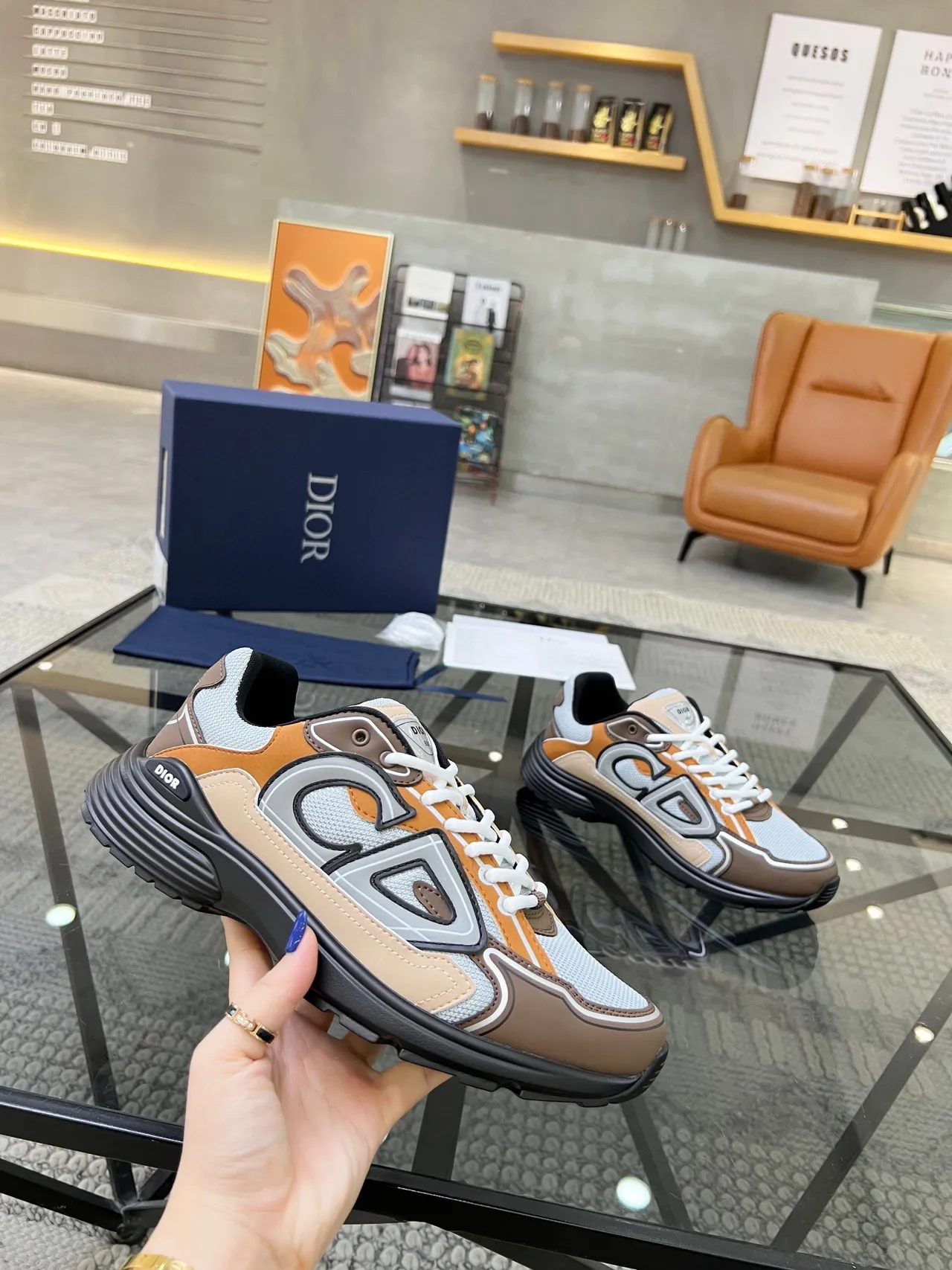 Dior Beige Brown Multi-Panel Mesh And Leather Oversized CD Logo Chunky Sneakers