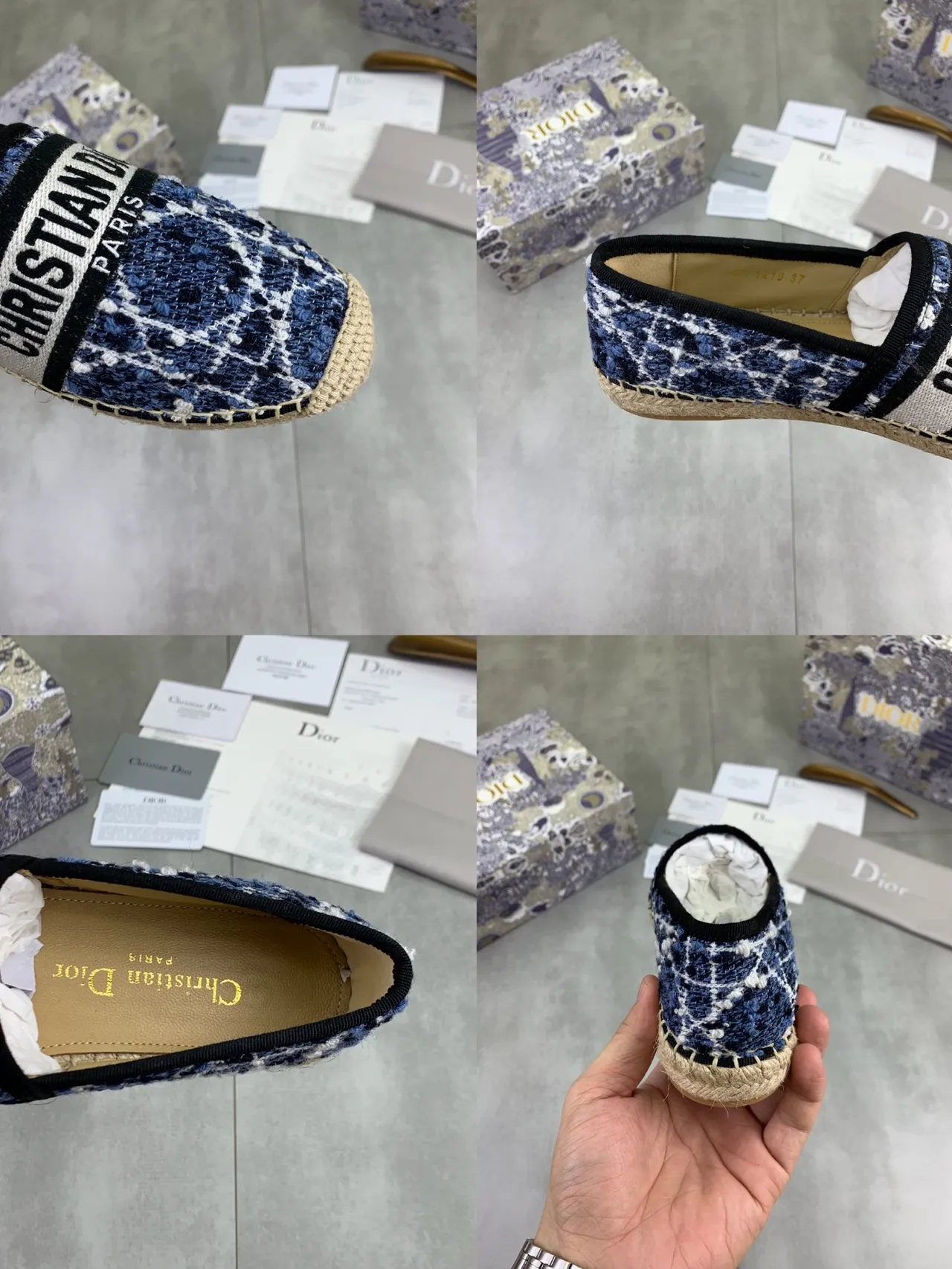 Dior Navy White Woven Tweed Upper Jute Espadrille Sole Boat Shoes