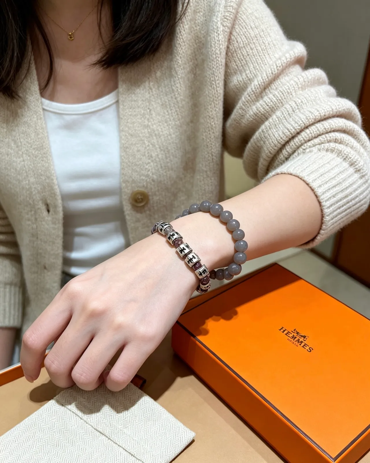 Hermès H-Spacer Gray Purple Beaded Bracelet