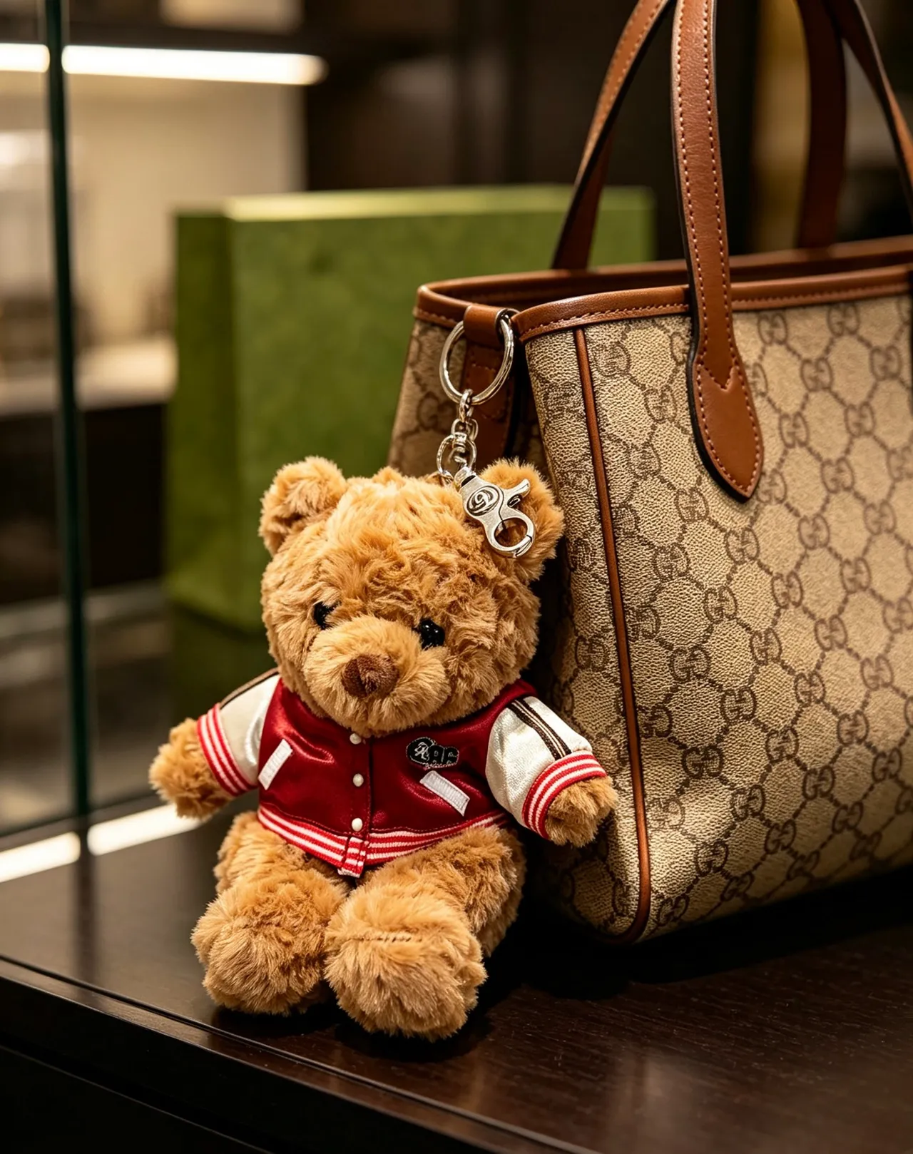 Gucci Brown Red Plush Teddy Bear Varsity Jacket Handbag