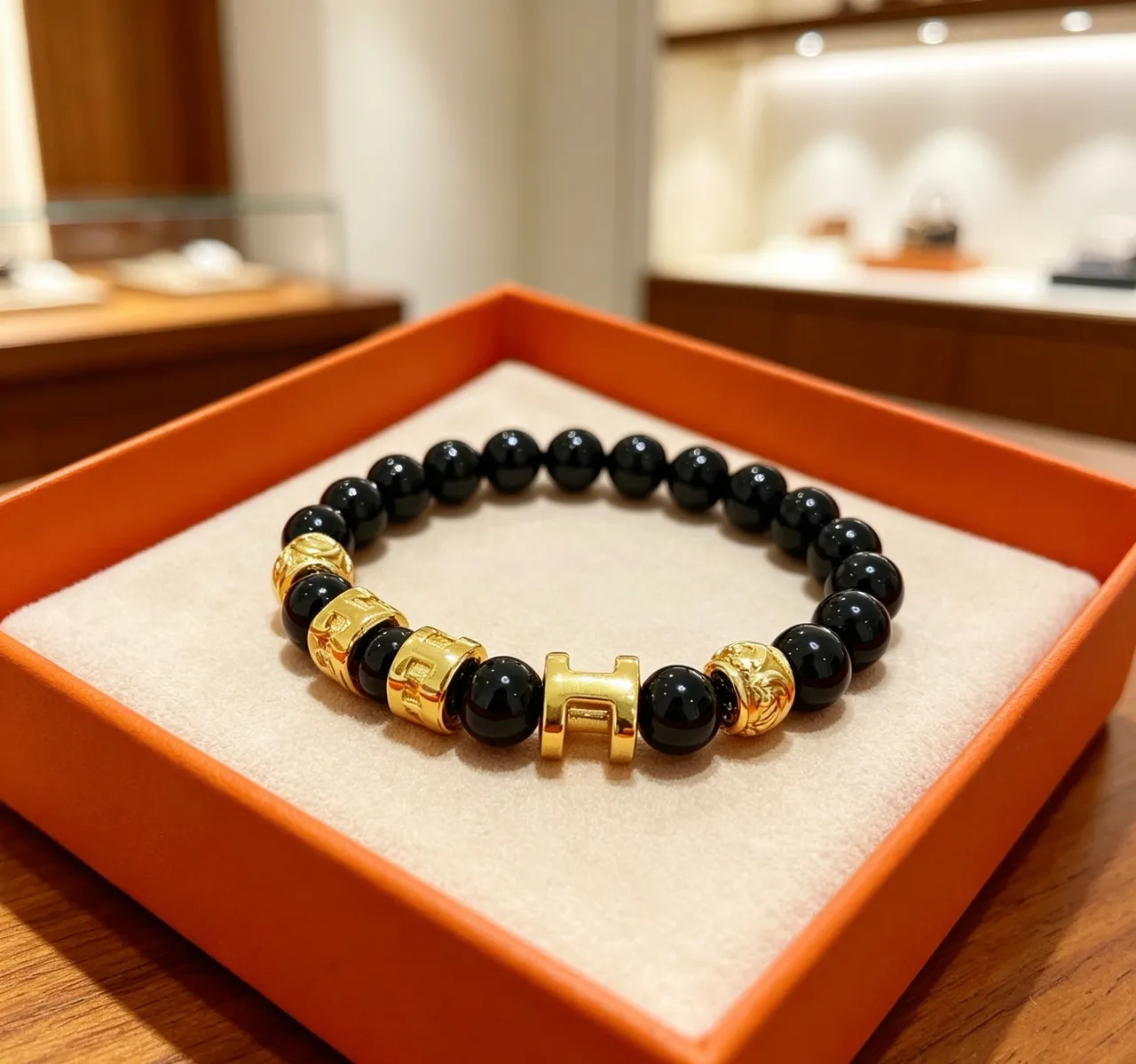Hermès H Collection Black Onyx and Gold-Tone Beaded Bracelet