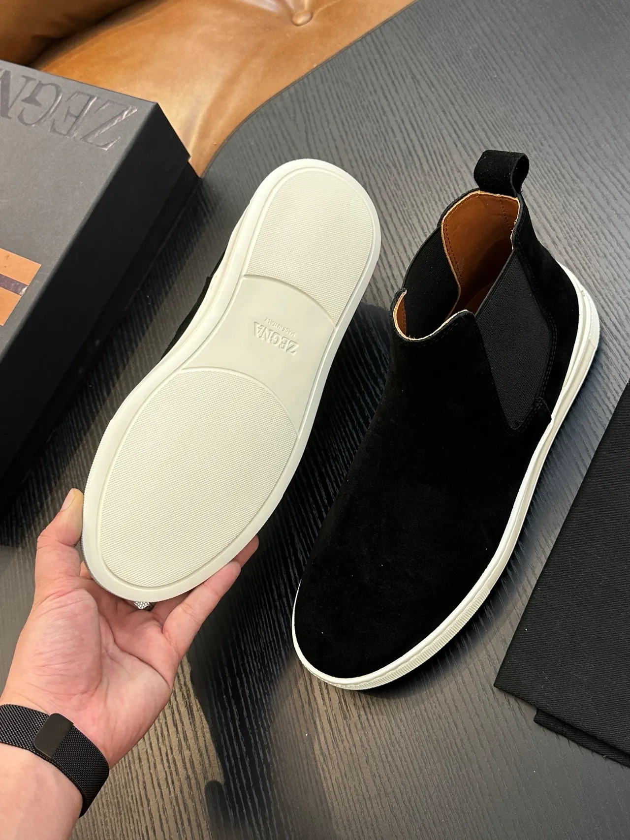 Zegna Black White Suede Upper Elastic Side Gussets Chelsea Boots