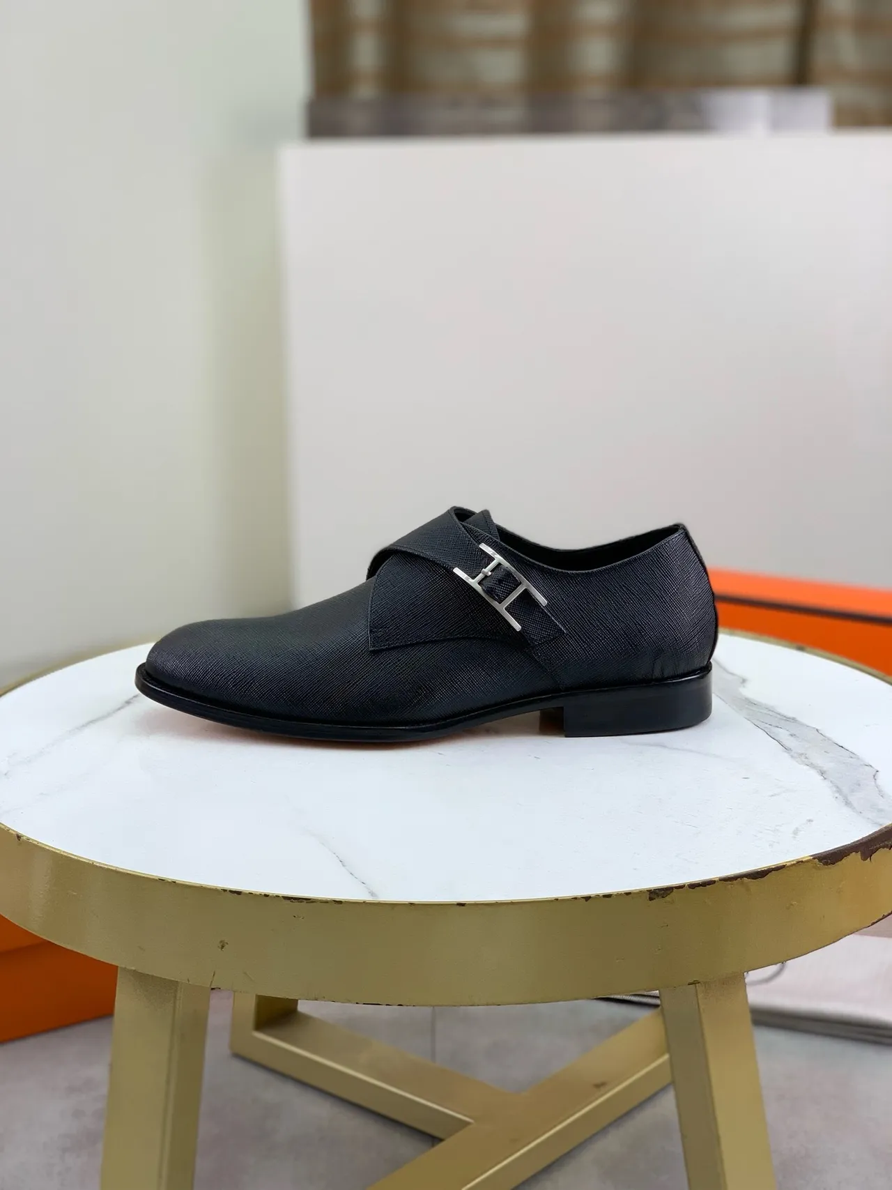 Hermès Black Textured Leather H-Buckle Monk Shoes
